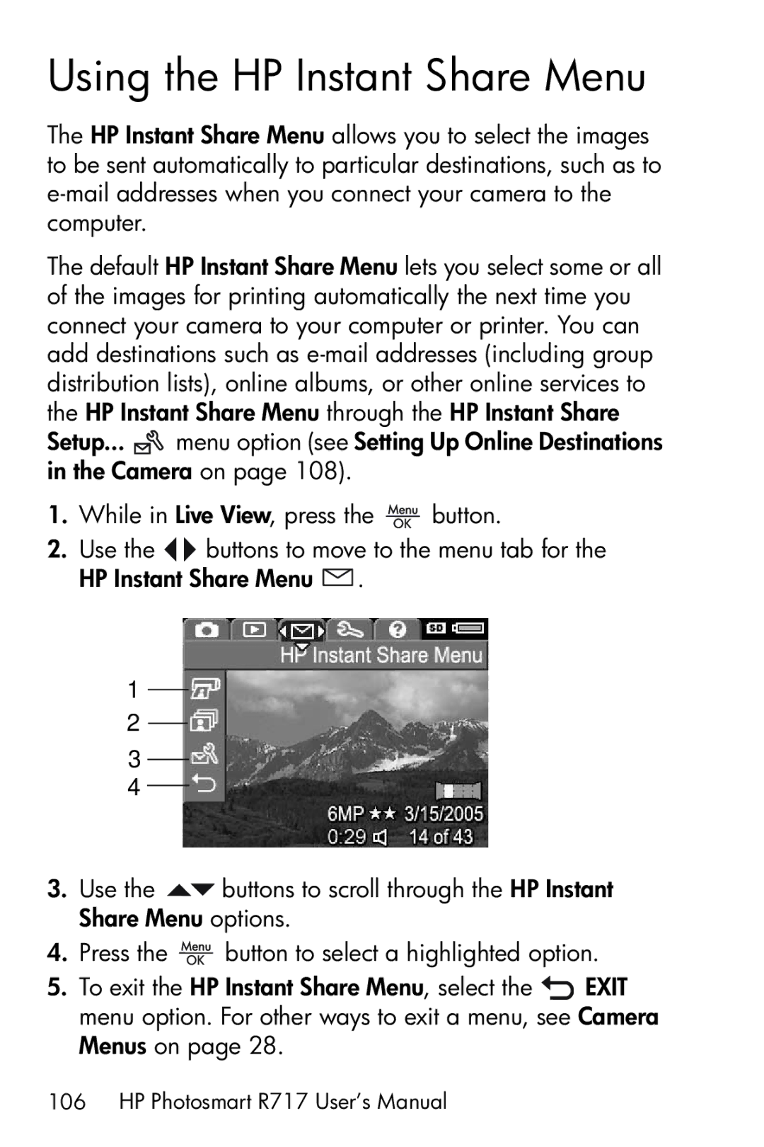 HP R717 manual Using the HP Instant Share Menu 