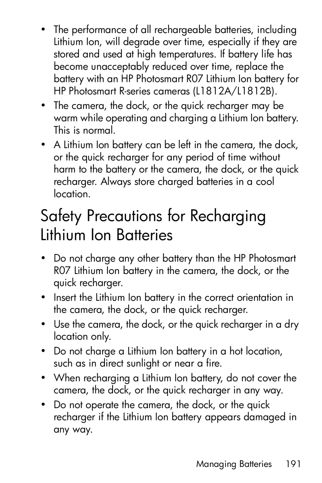 HP R717 manual Safety Precautions for Recharging Lithium Ion Batteries 