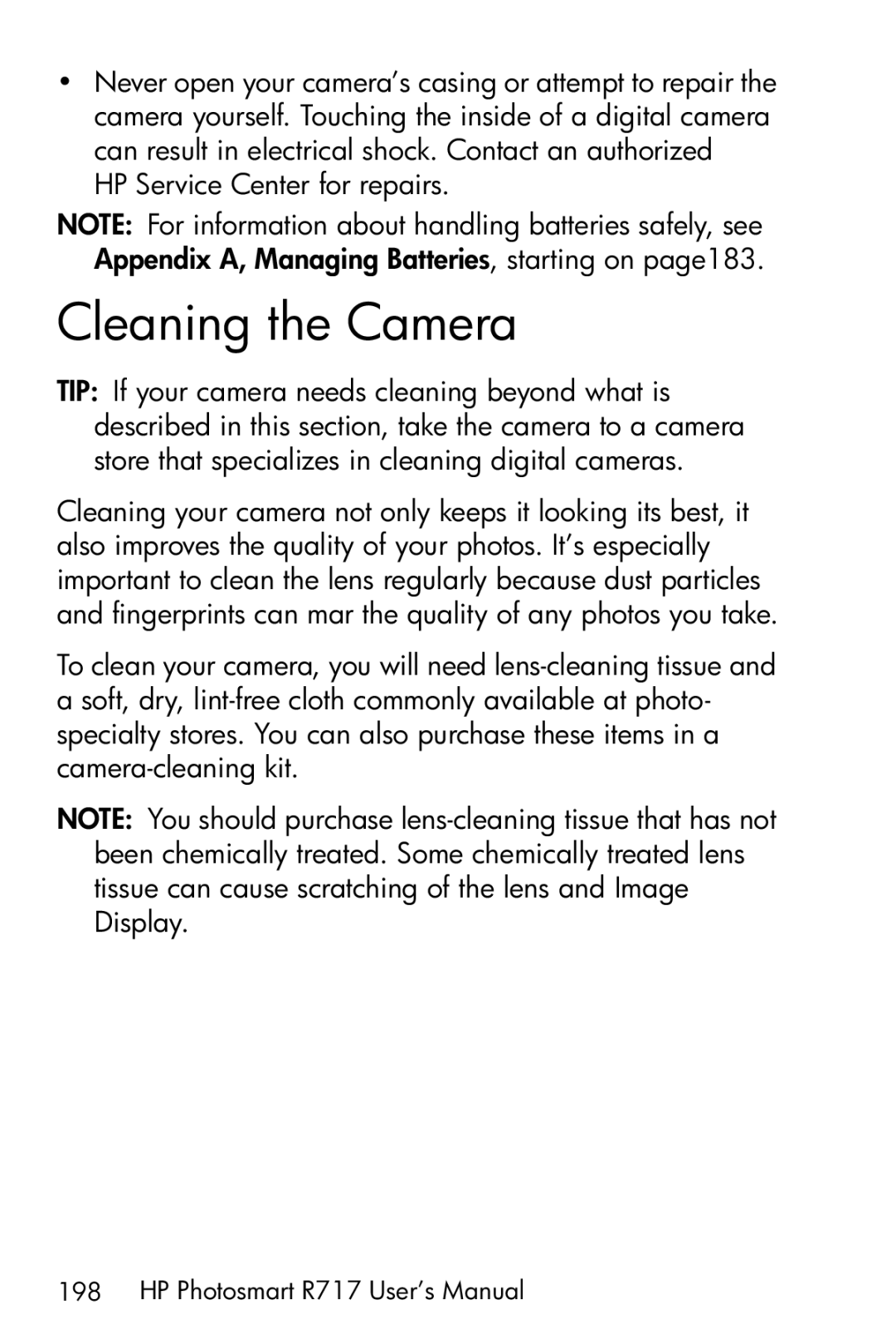 HP R717 manual Cleaning the Camera 