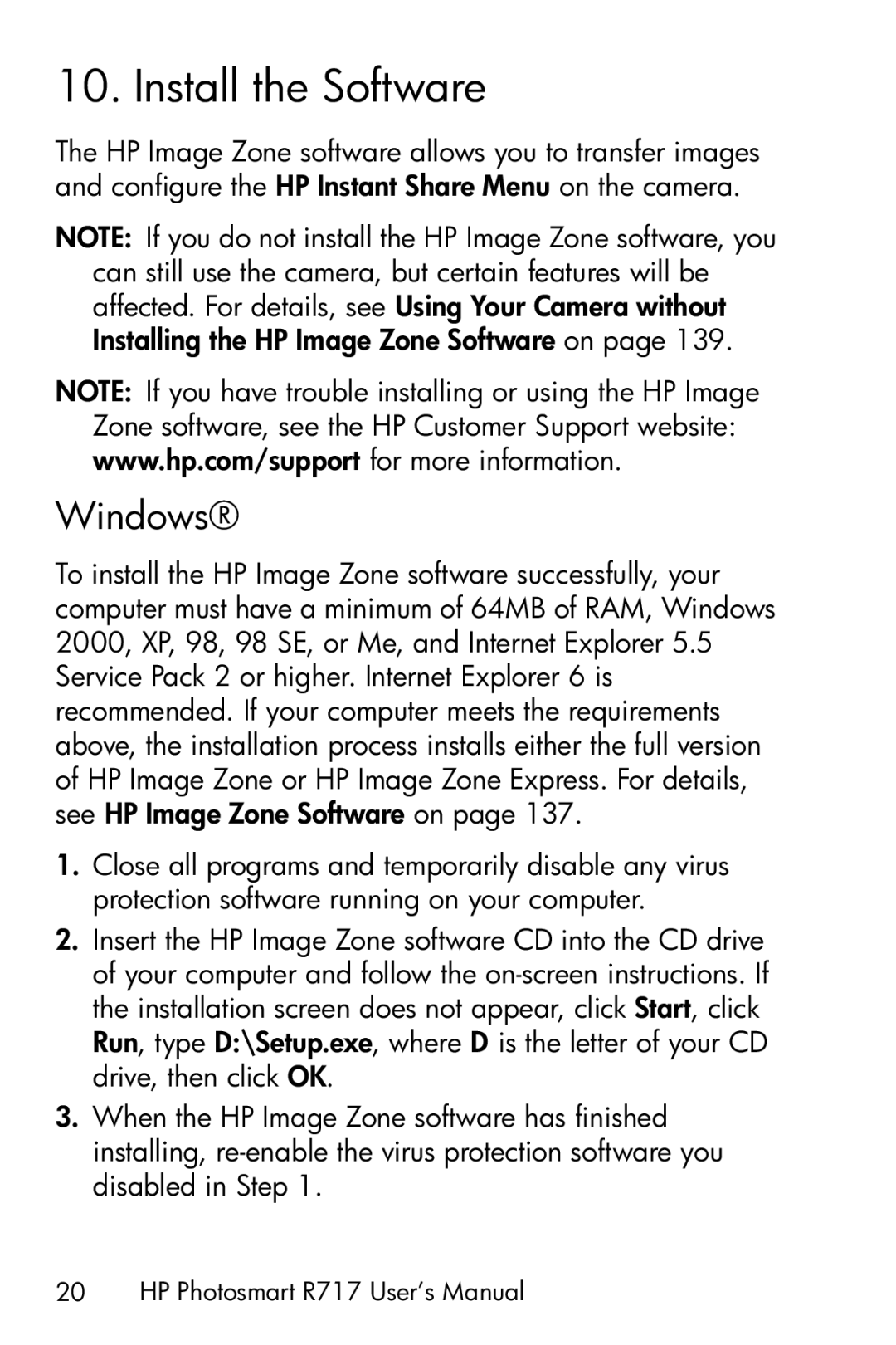 HP R717 manual Install the Software, Windows 