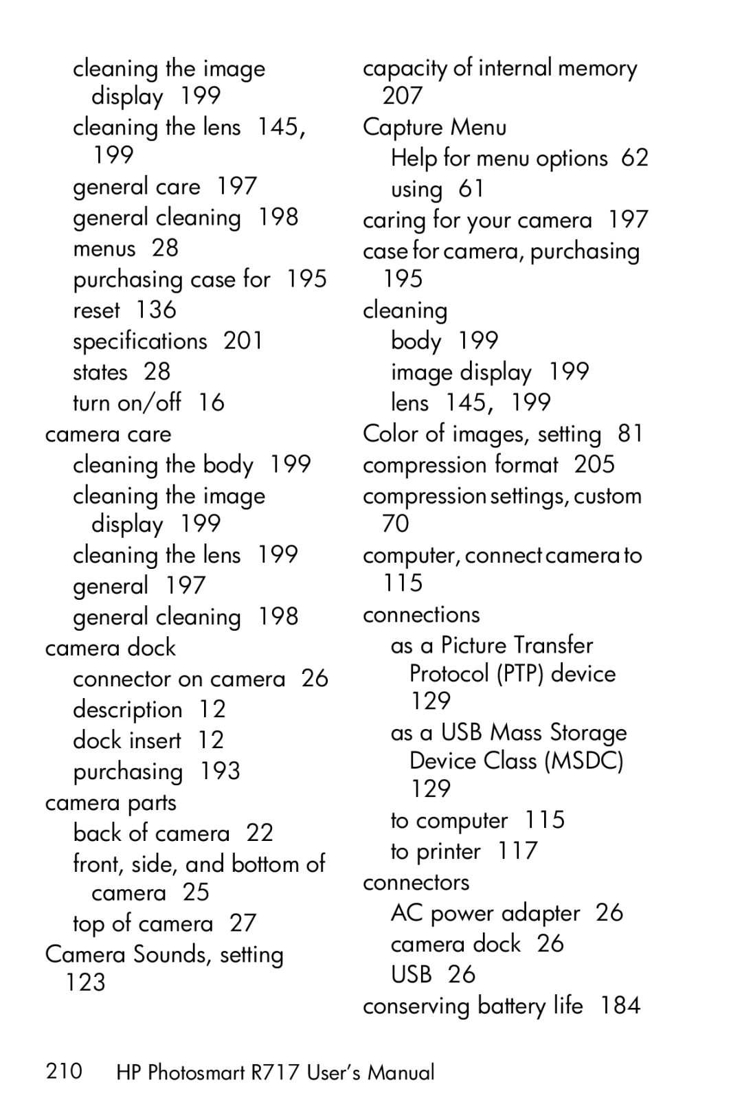 HP R717 manual Cleaning Body Image display 199 lens 145 