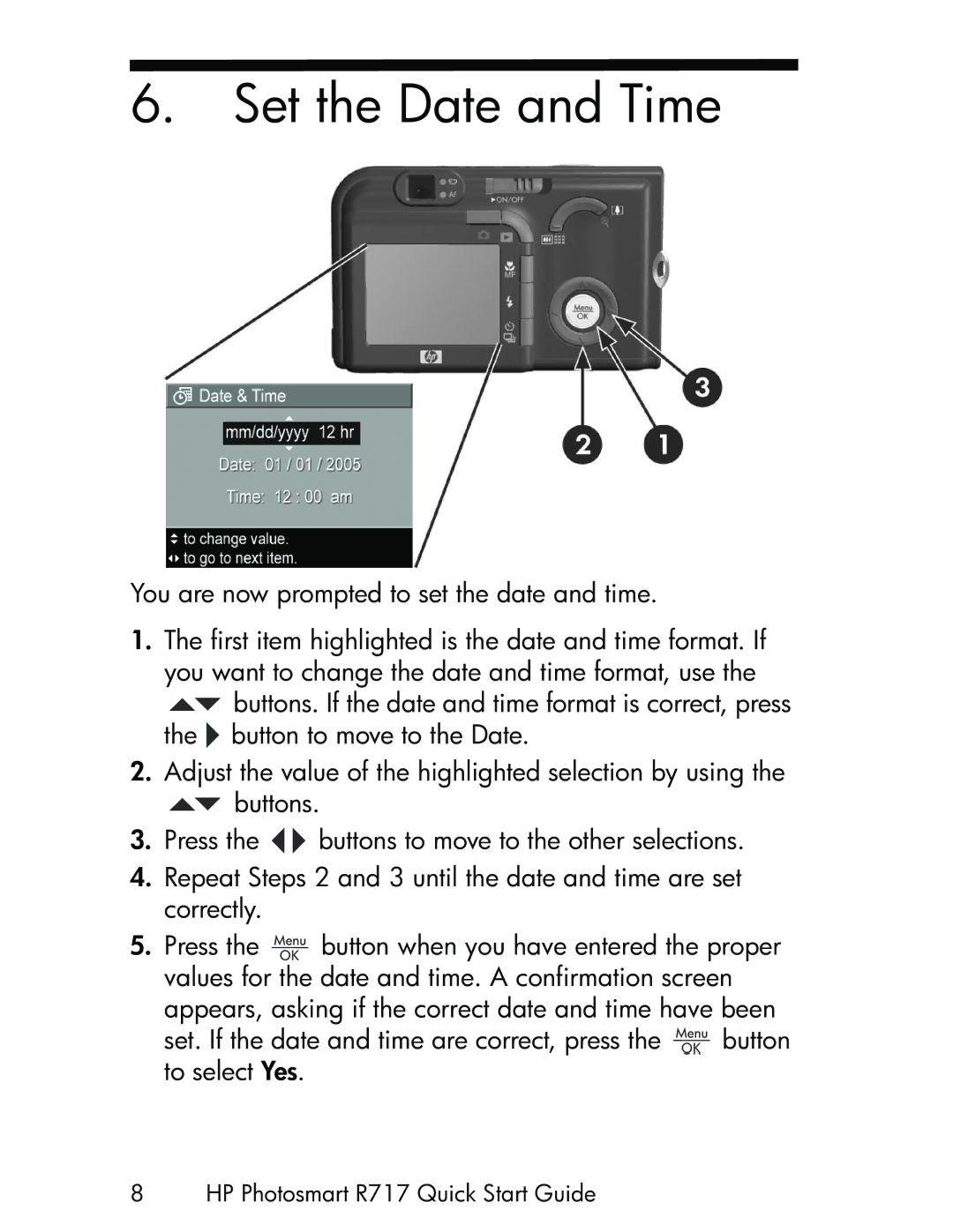 HP R717 manual Set the Date and Time 