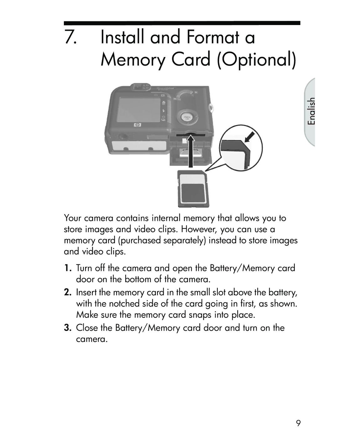 HP R717 manual Install and Format a Memory Card Optional 