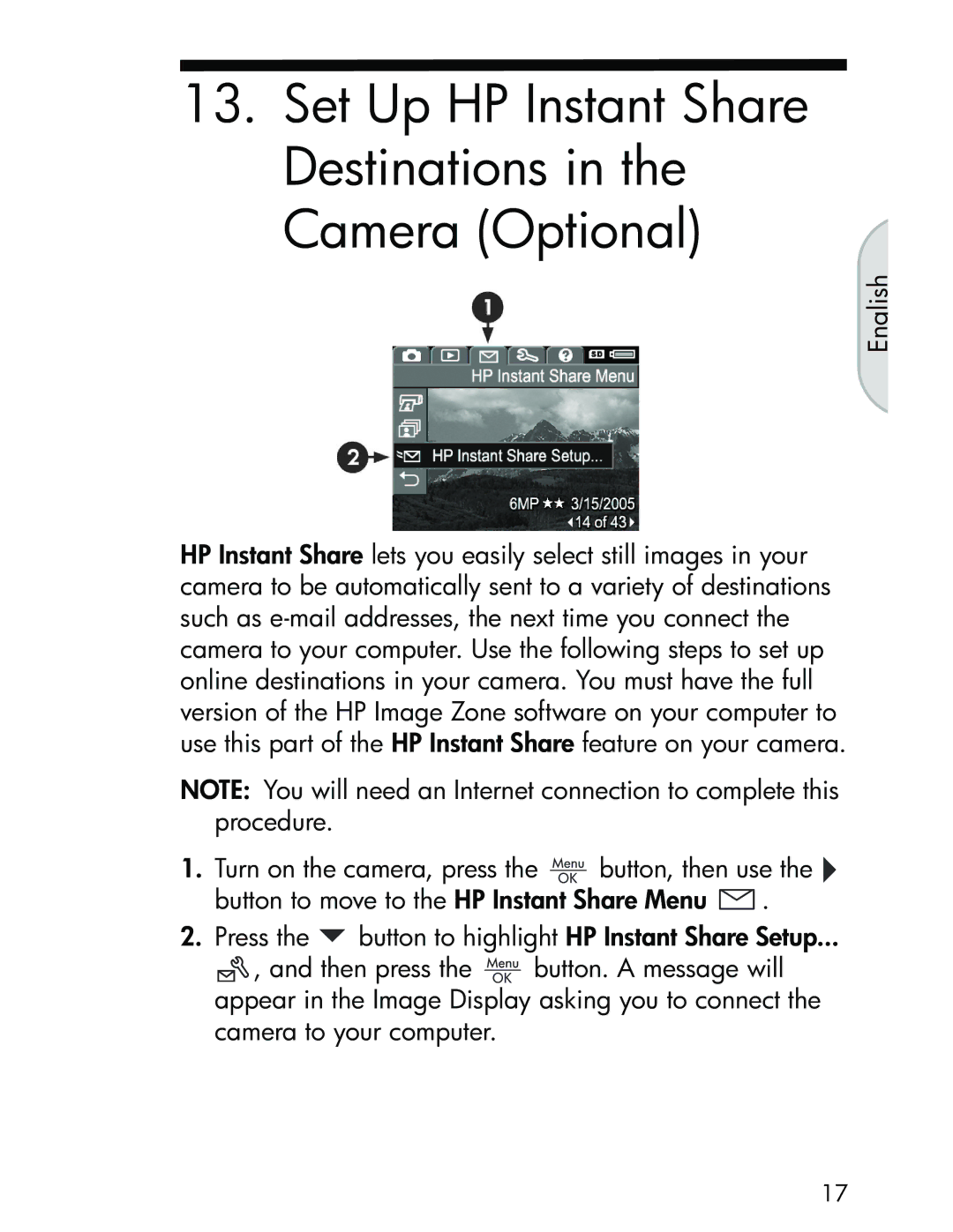 HP R717 manual Set Up HP Instant Share Destinations Camera Optional 