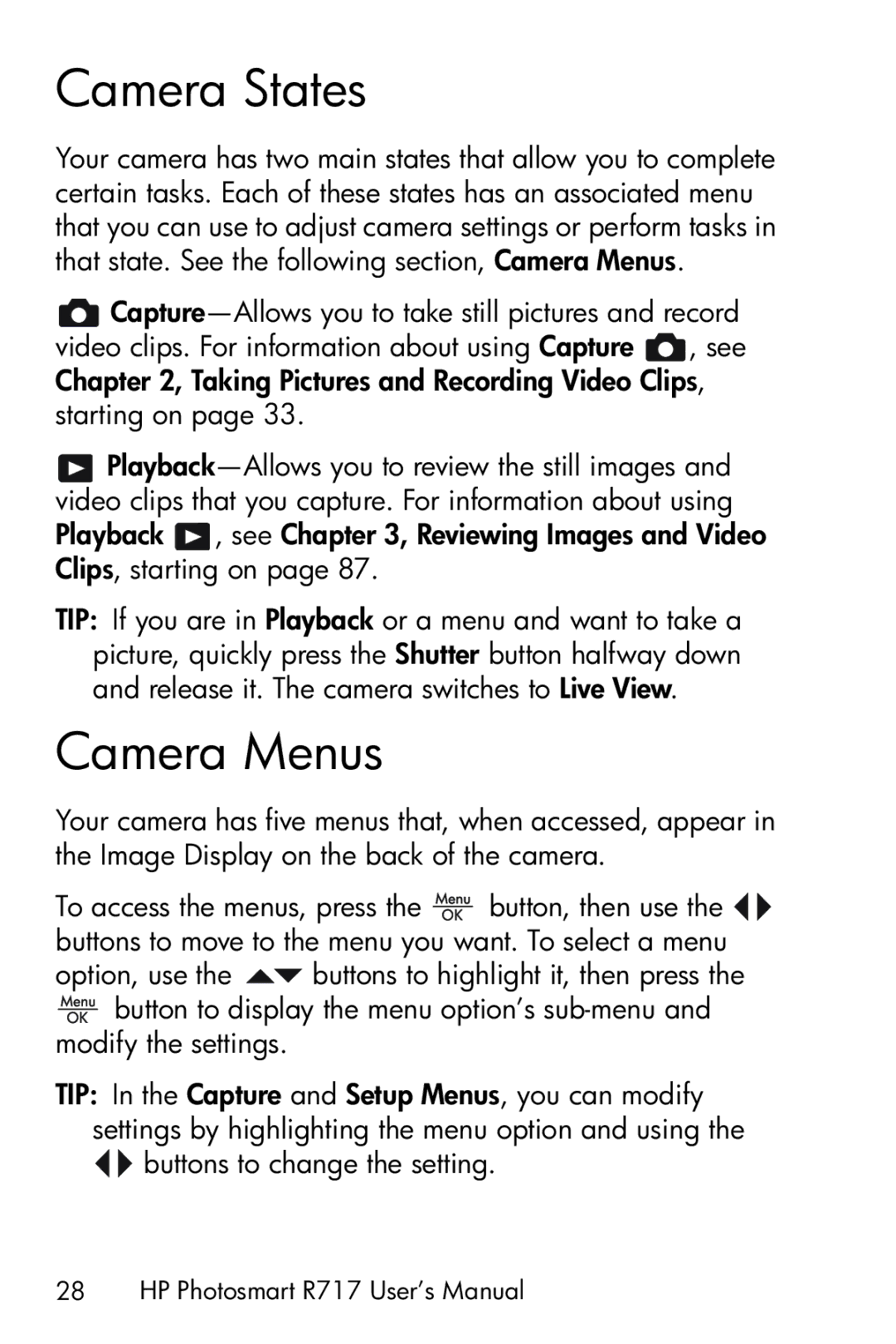 HP R717 manual Camera States, Camera Menus 