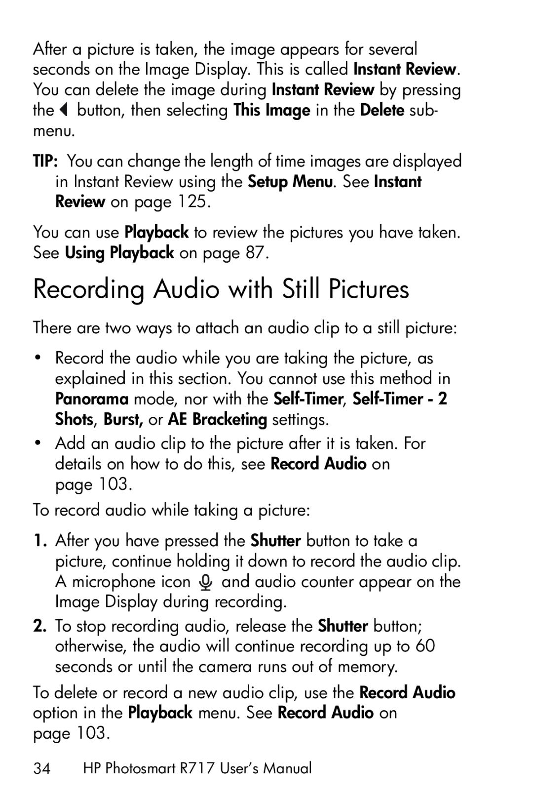 HP R717 manual Recording Audio with Still Pictures 