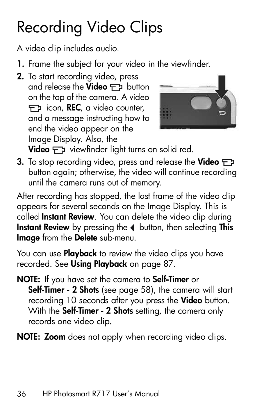 HP R717 manual Recording Video Clips 