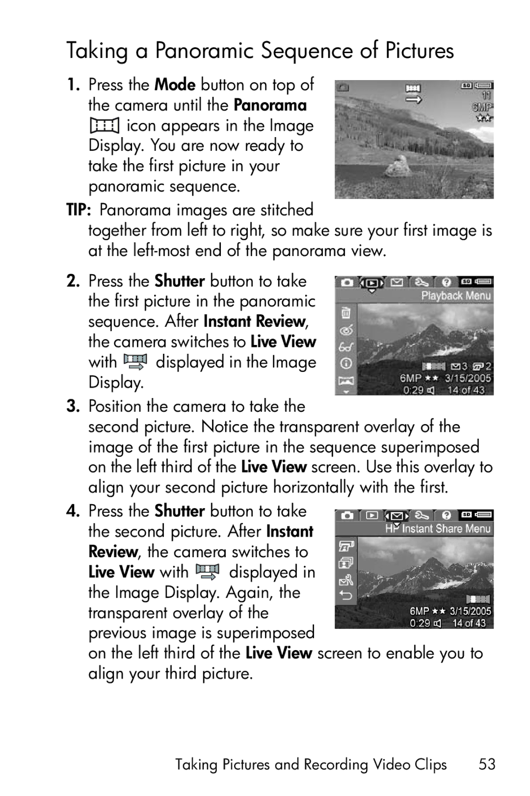 HP R717 manual Taking a Panoramic Sequence of Pictures 