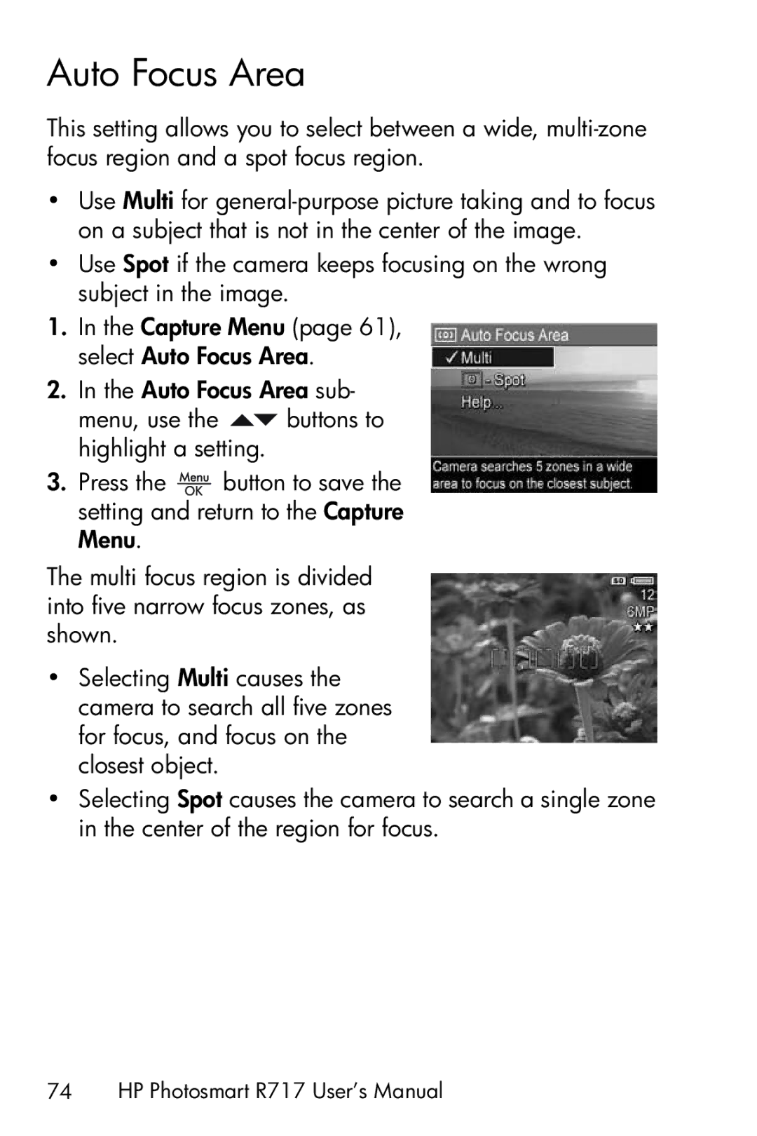 HP R717 manual Auto Focus Area 