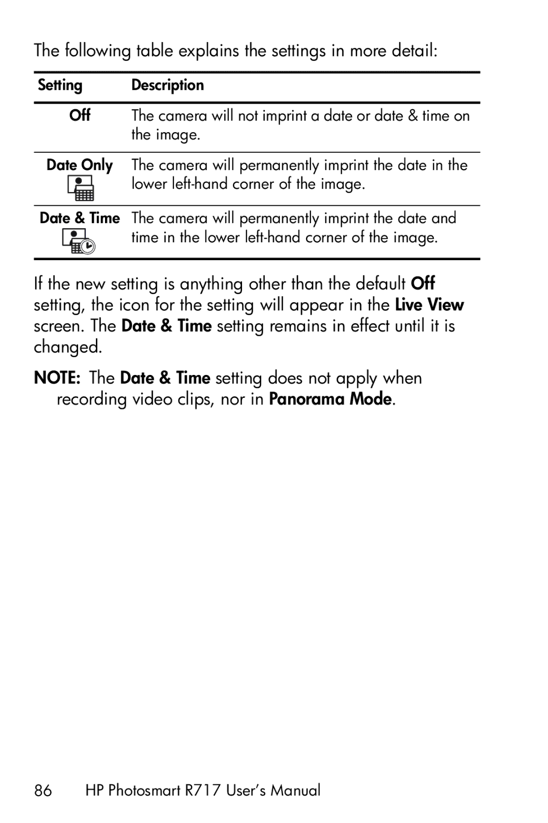 HP R717 manual Following table explains the settings in more detail 