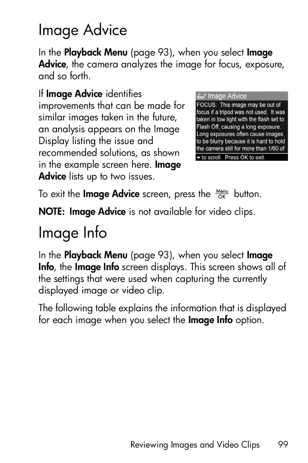 HP R717 manual Image Advice, Image Info 