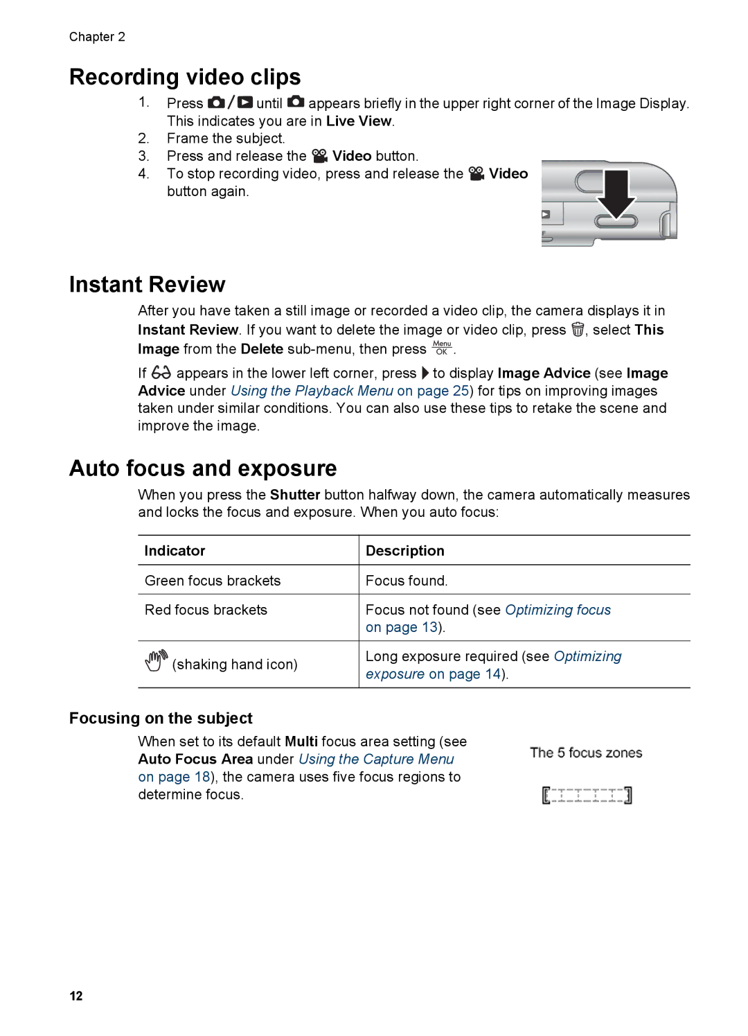 HP R727, R725 manual Recording video clips, Instant Review, Auto focus and exposure, Focusing on the subject 