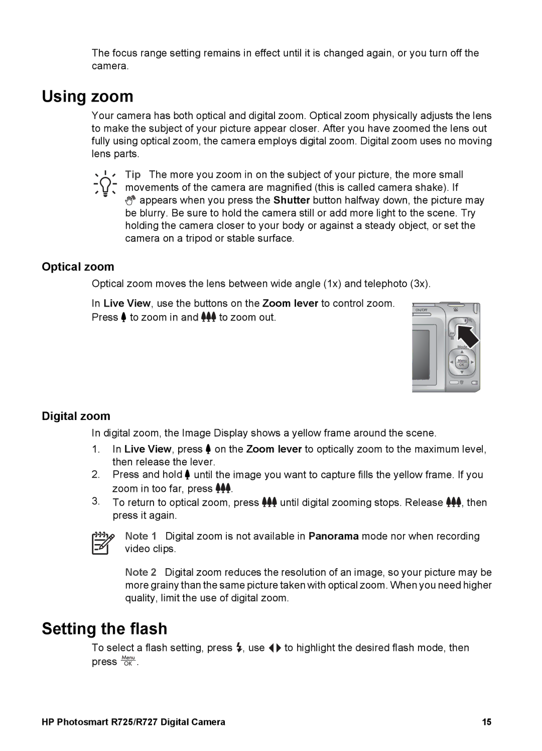 HP R725, R727 manual Using zoom, Setting the flash, Optical zoom, Digital zoom 