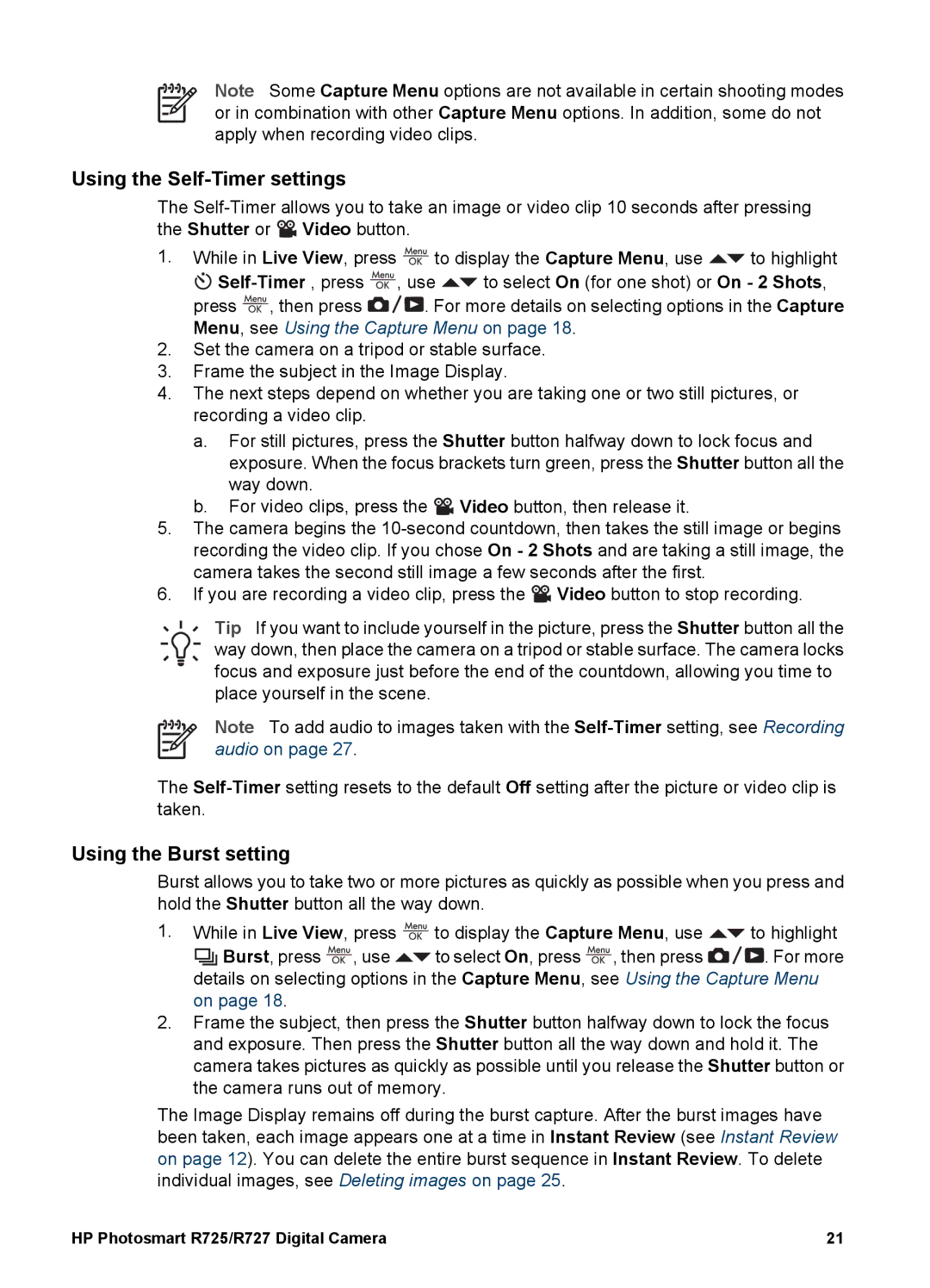 HP R725, R727 manual Using the Self-Timer settings, Using the Burst setting 