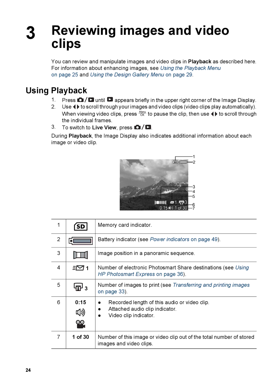 HP R727, R725 manual Reviewing images and video, Clips, Using Playback, 015 