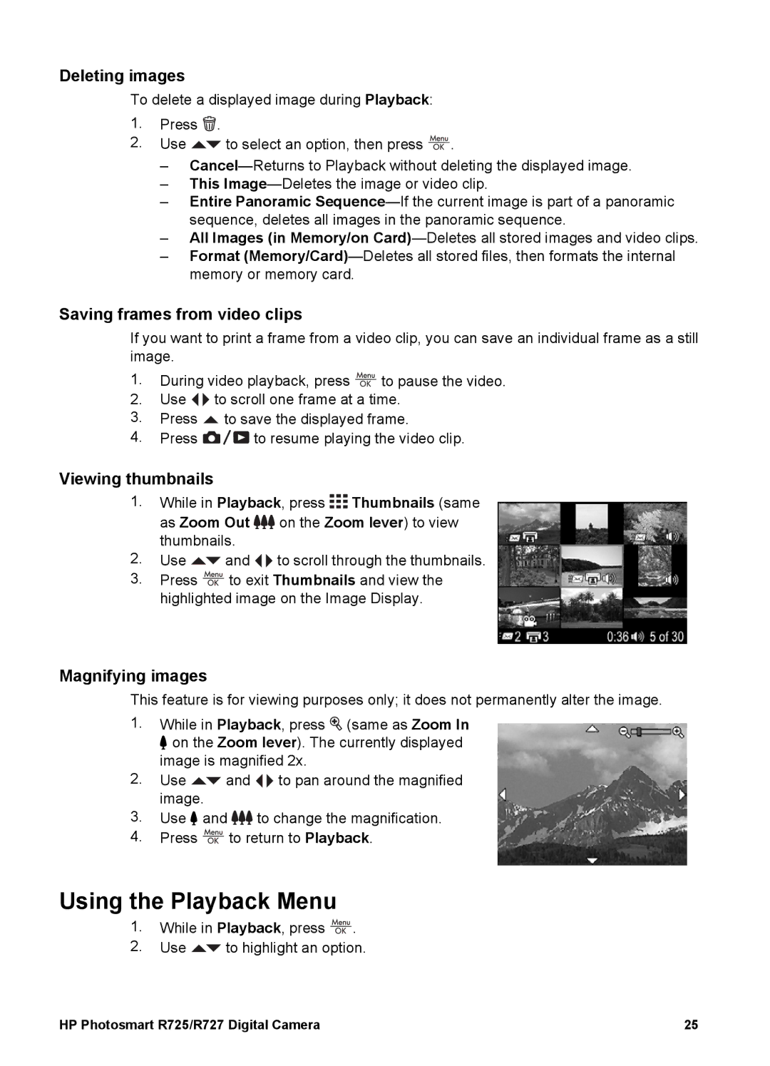 HP R725 Using the Playback Menu, Deleting images, Saving frames from video clips, Viewing thumbnails, Magnifying images 