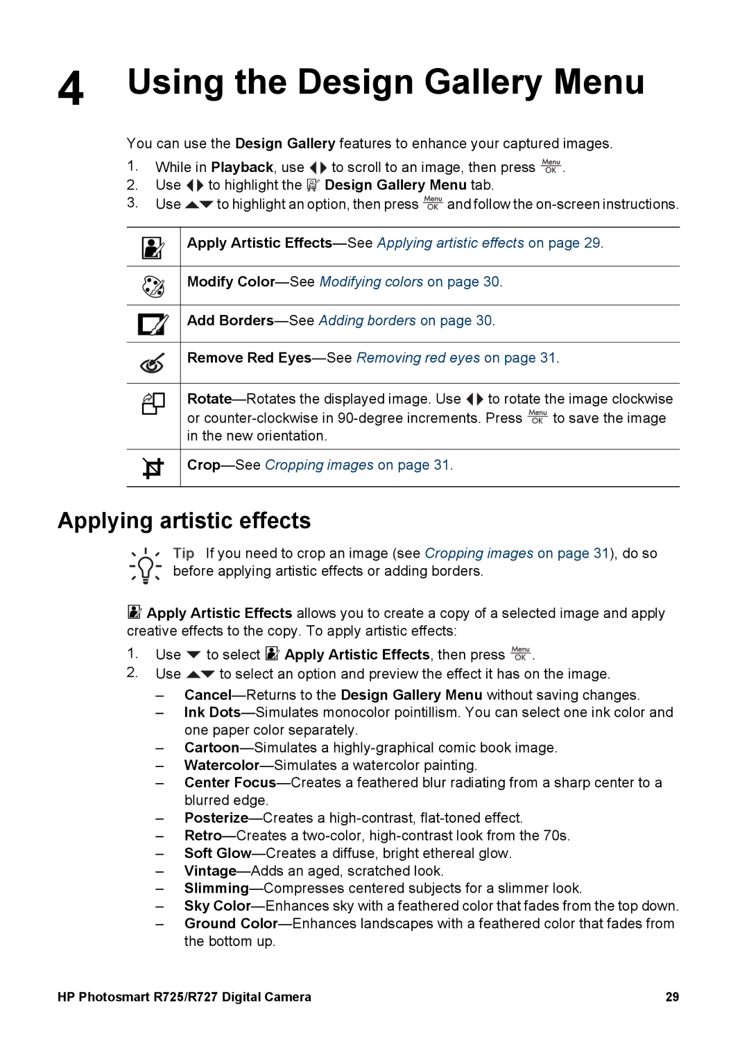 HP R725, R727 manual Using the Design Gallery Menu, Applying artistic effects 