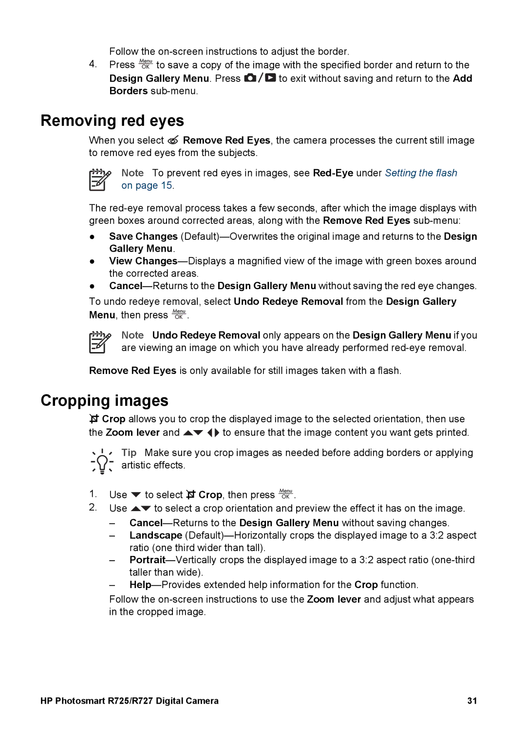 HP R725, R727 manual Removing red eyes, Cropping images 