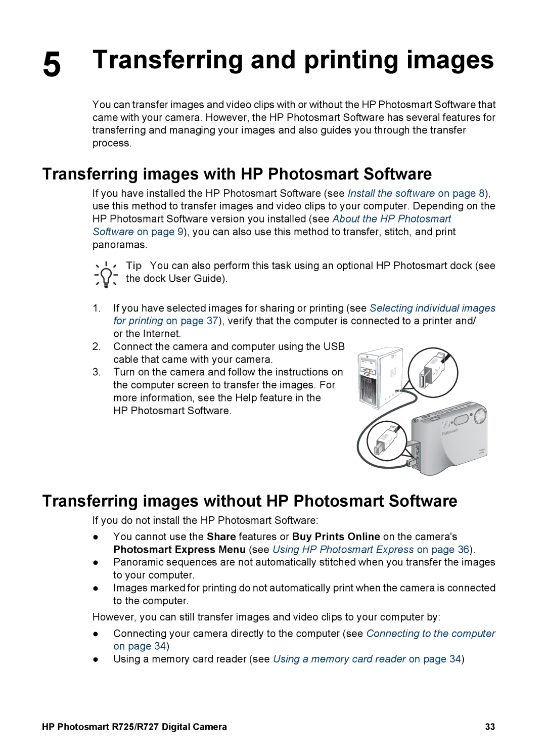 HP R725, R727 manual Transferring and printing images, Transferring images with HP Photosmart Software 