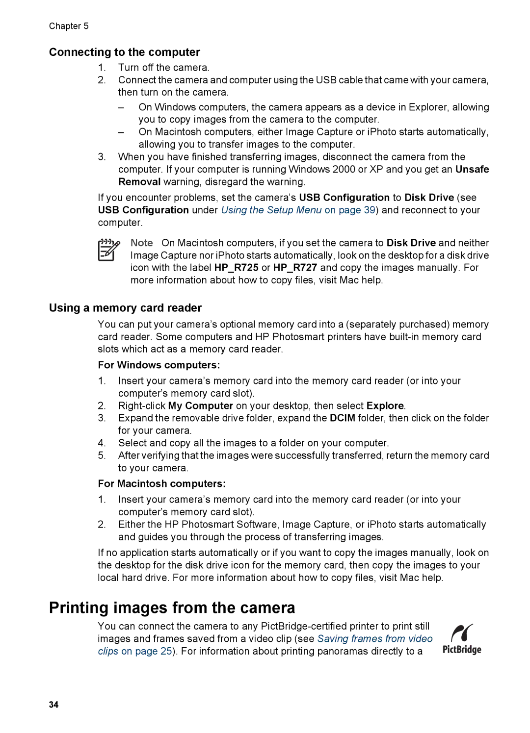 HP R727 Printing images from the camera, Connecting to the computer, Using a memory card reader, For Windows computers 