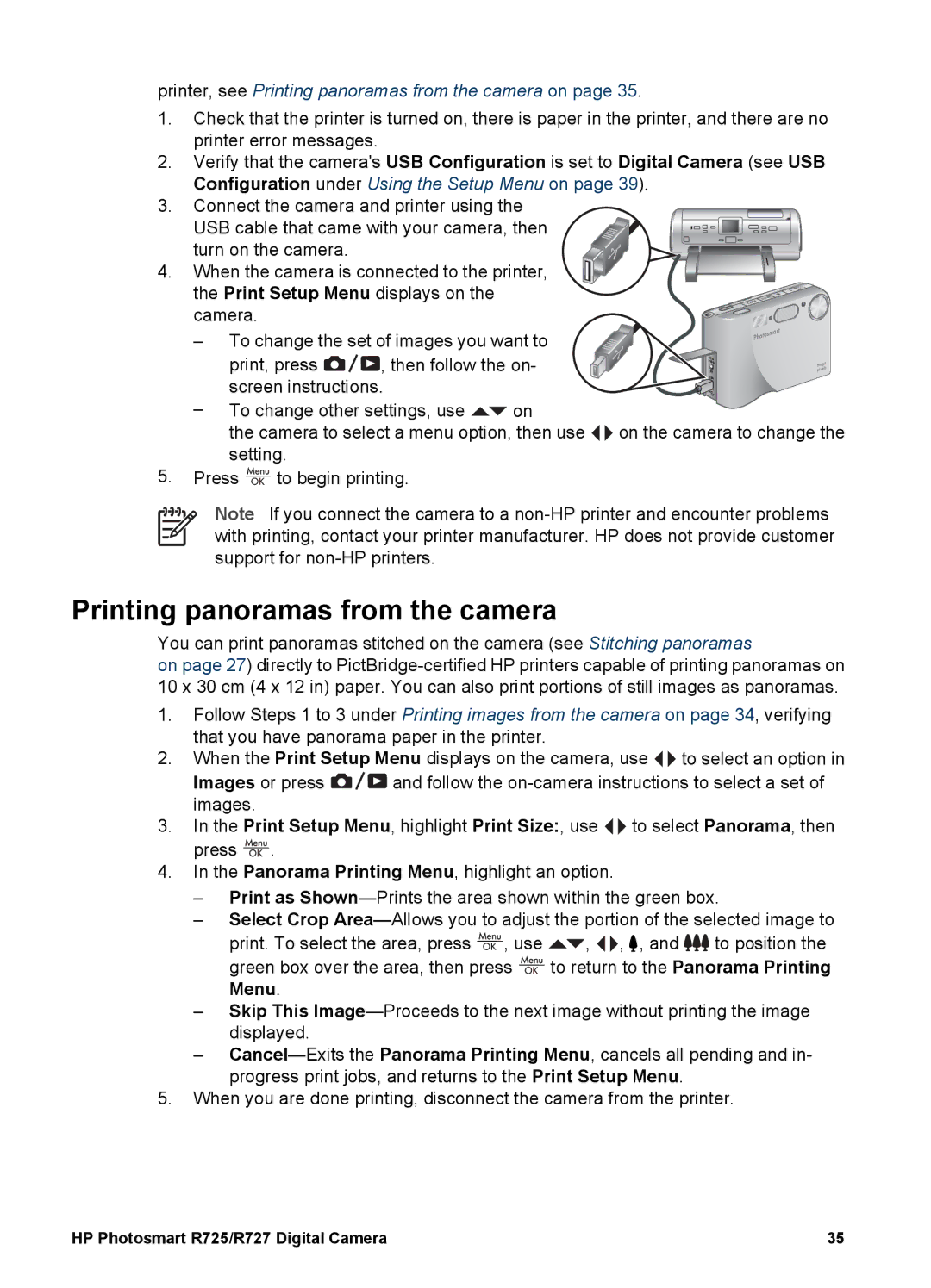 HP R725, R727 manual Printer, see Printing panoramas from the camera on 