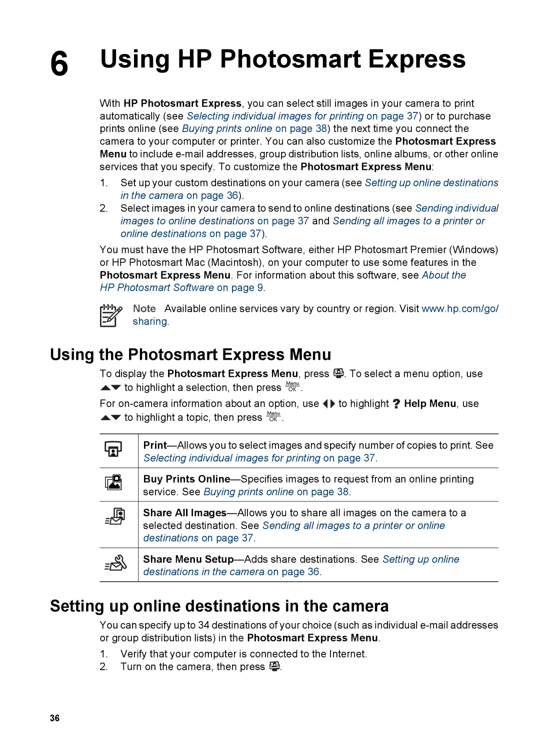 HP R727, R725 Using HP Photosmart Express, Using the Photosmart Express Menu, Setting up online destinations in the camera 