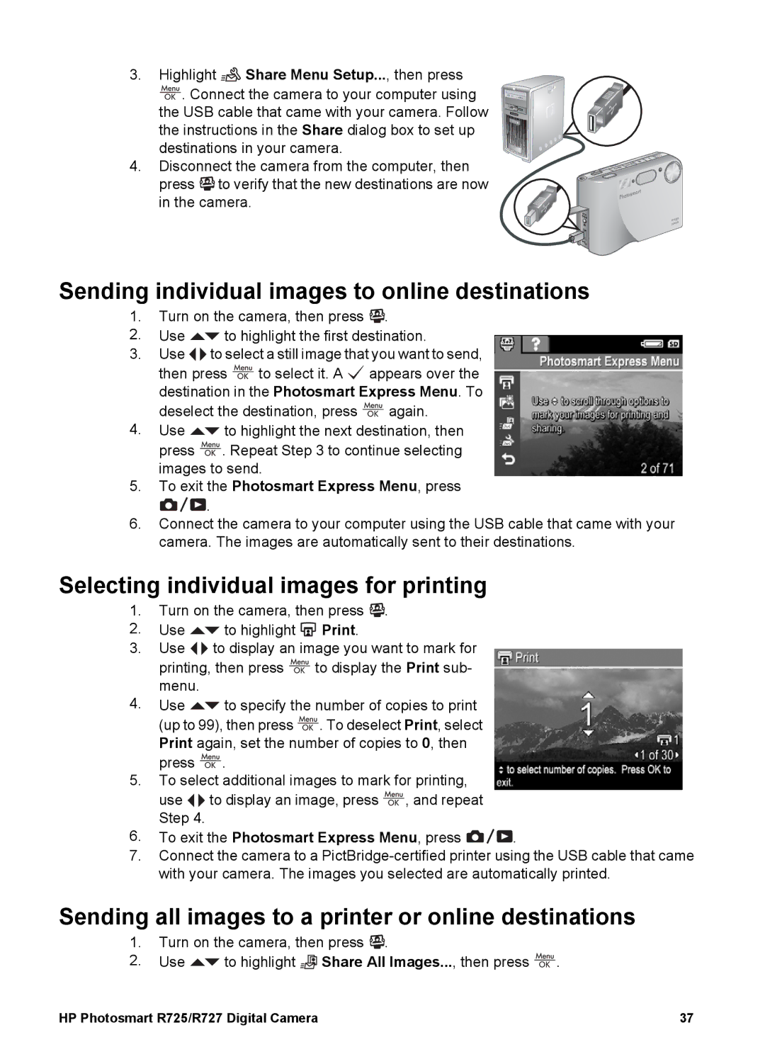 HP R725, R727 manual Sending individual images to online destinations, Selecting individual images for printing 