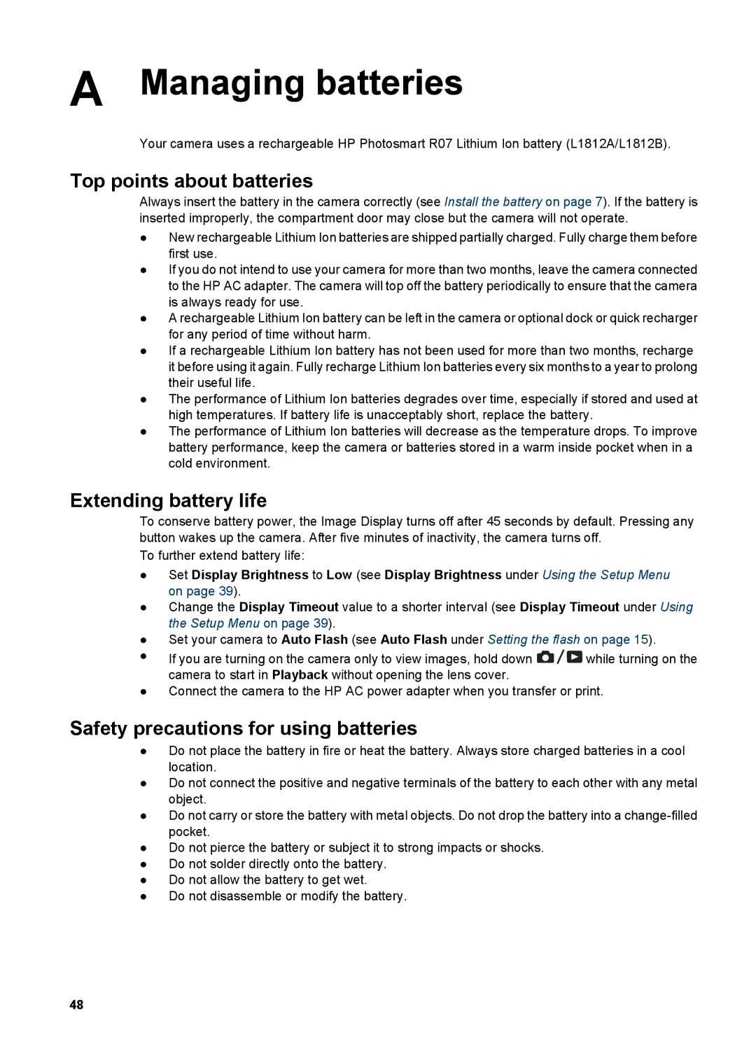 HP R727, R725 manual Managing batteries, Top points about batteries 