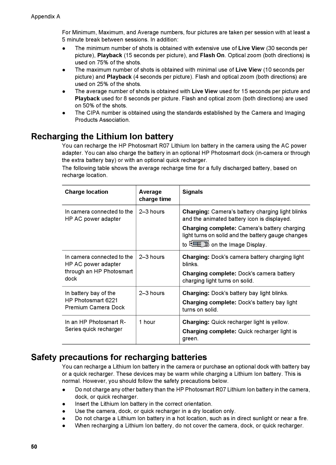 HP R727, R725 manual Recharging the Lithium Ion battery 