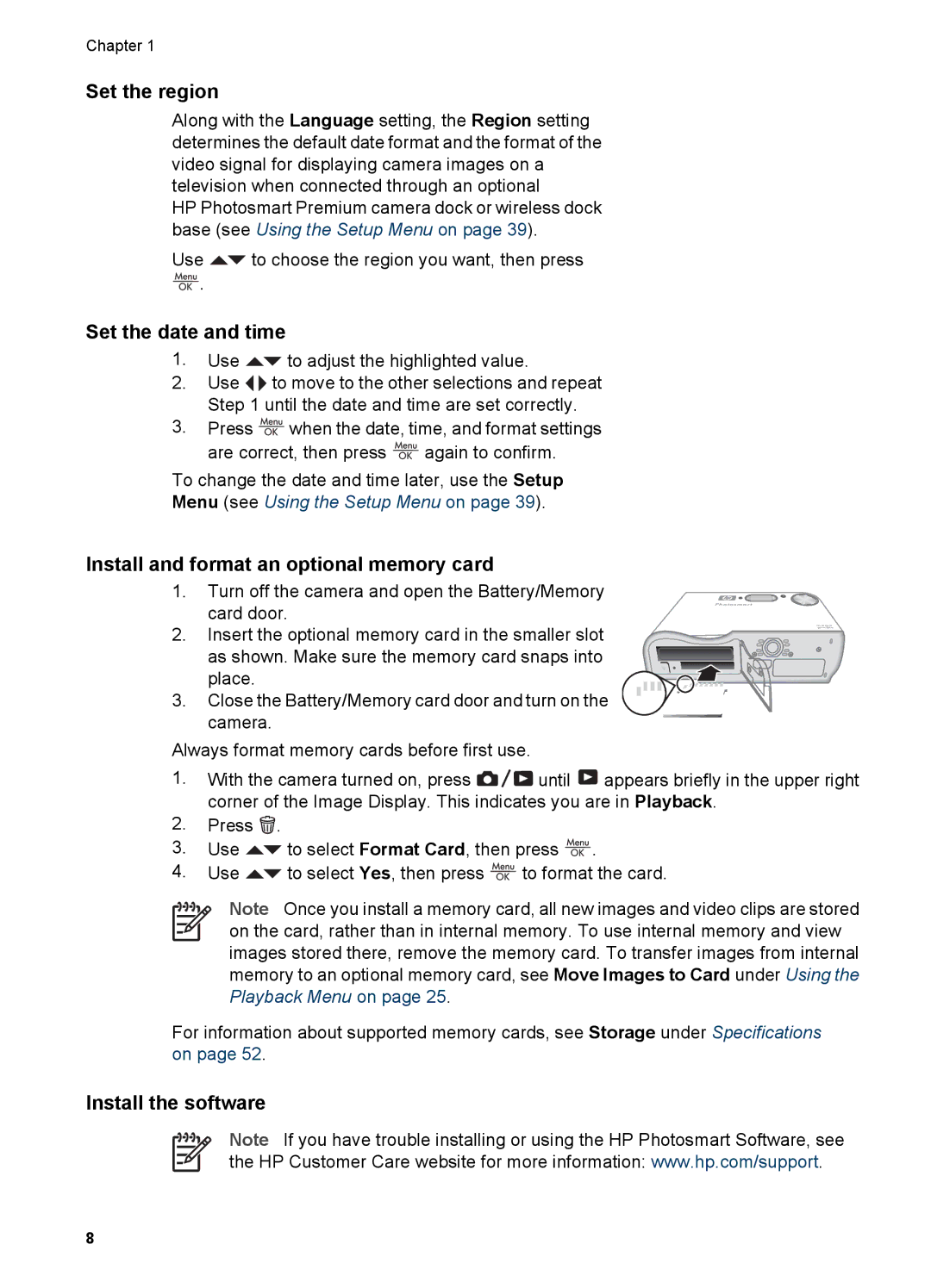HP R727, R725 manual Set the region, Set the date and time, Install and format an optional memory card, Install the software 