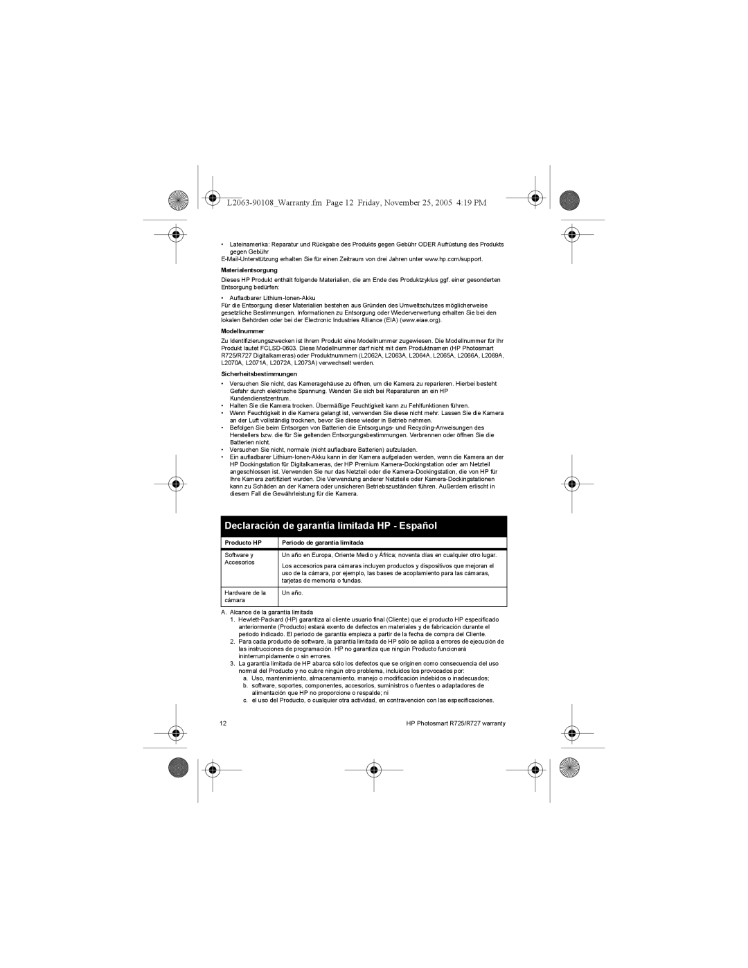 HP R727, R725 manual Declaración de garantía limitada HP Español, Materialentsorgung, Modellnummer, Sicherheitsbestimmungen 