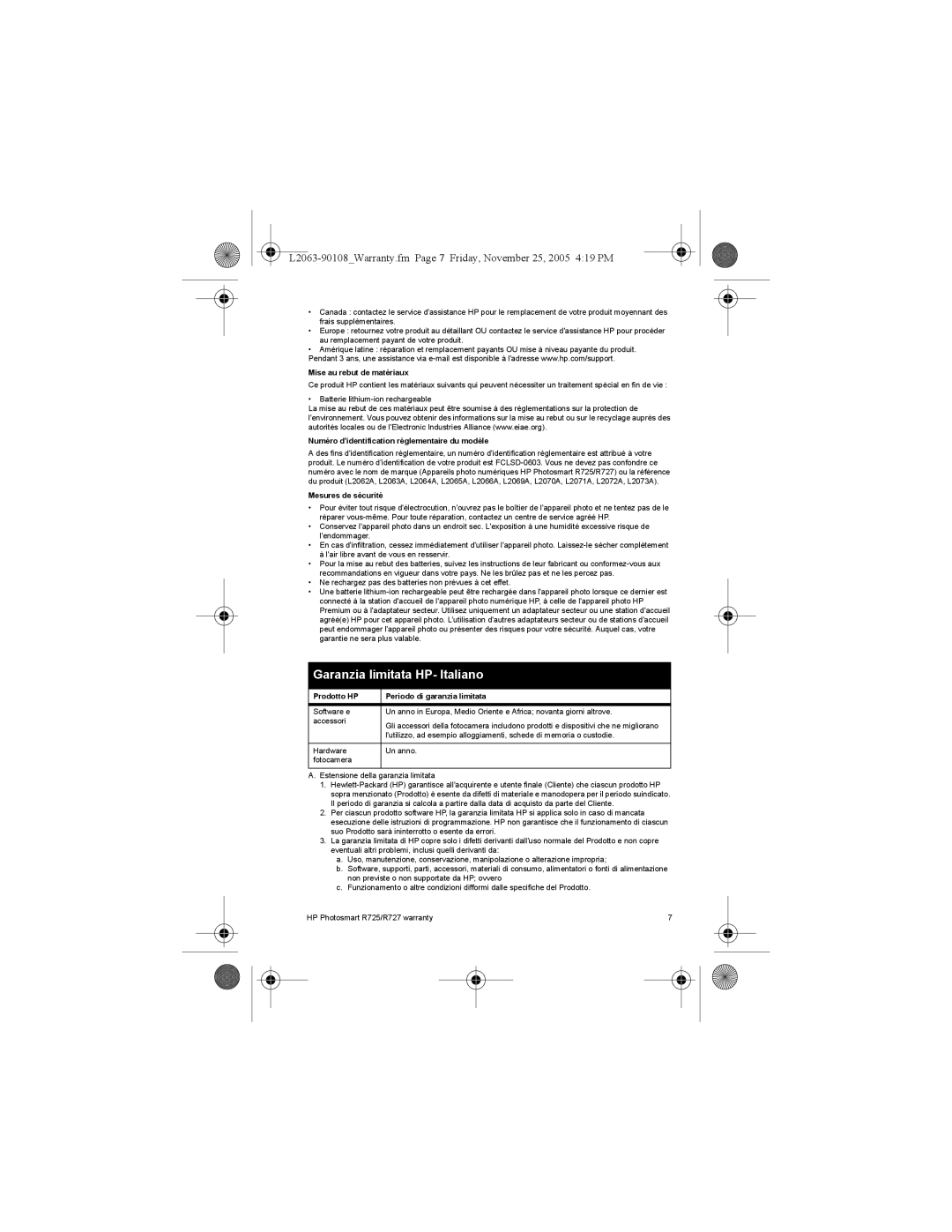 HP R725, R727 Garanzia limitata HP- Italiano, Mise au rebut de matériaux, Numéro didentification réglementaire du modèle 