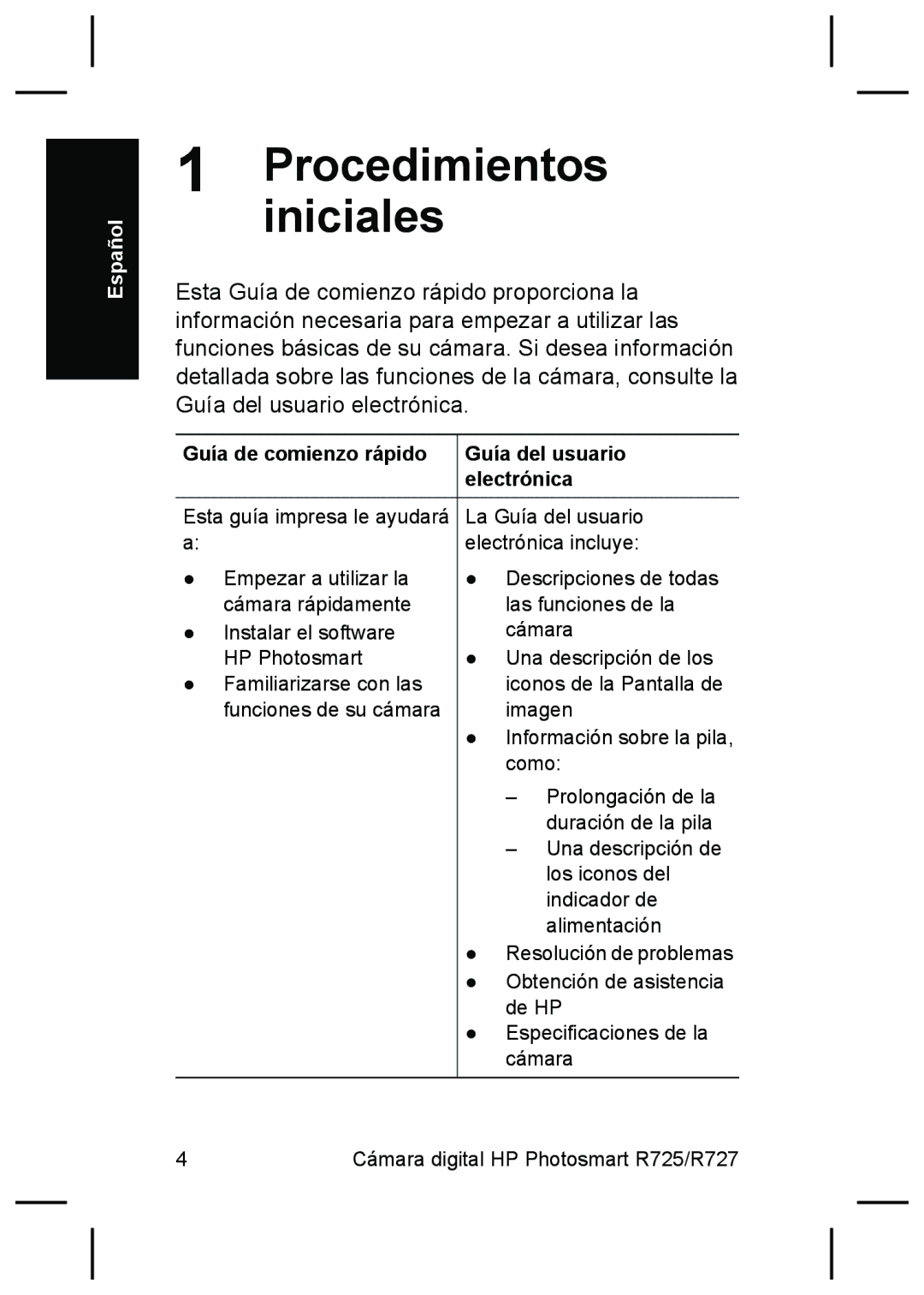 HP R727, R725 manual Procedimientosiniciales, Guía de comienzo rápido Guía del usuario Electrónica 