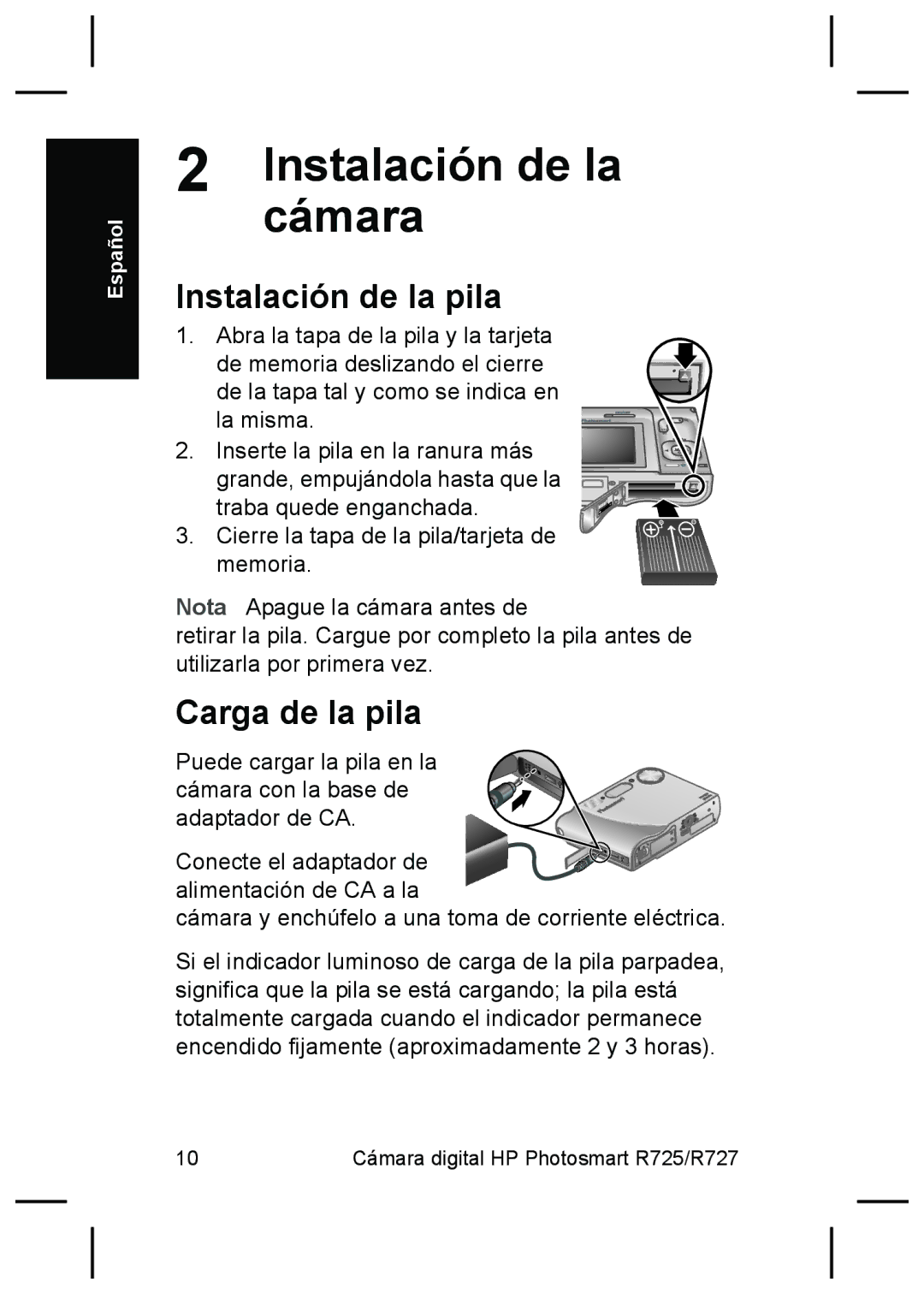 HP R727, R725 manual Cámara, Instalación de la pila, Carga de la pila 