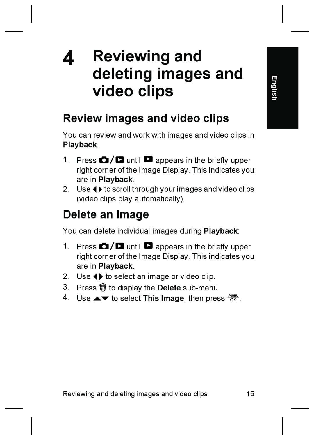 HP R725, R727 manual Reviewing and deleting images and video clips, Review images and video clips, Delete an image 