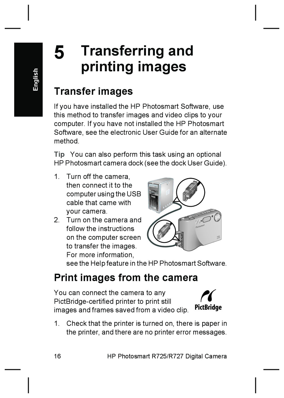 HP R727, R725 manual Transferring and printing images, Transfer images, Print images from the camera 