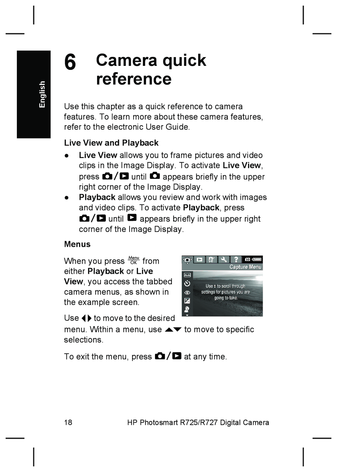 HP R727, R725 manual Camera quick reference, Live View and Playback, Menus 