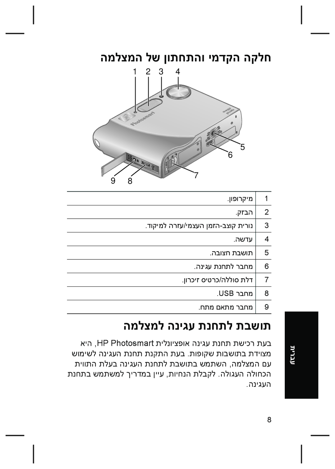 HP R725, R727 manual המלצמה לש ןותחתהו ימדקה הקלח, המלצמל הניגע תנחתל תבשות 