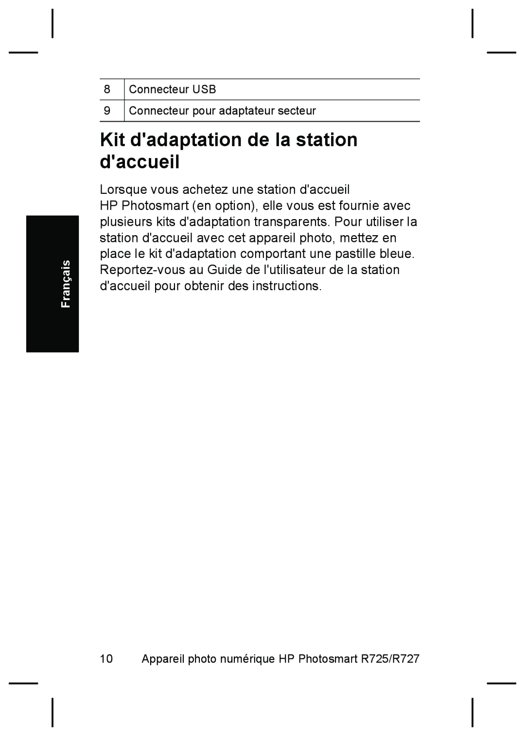 HP R727, R725 manual Kit dadaptation de la station daccueil 