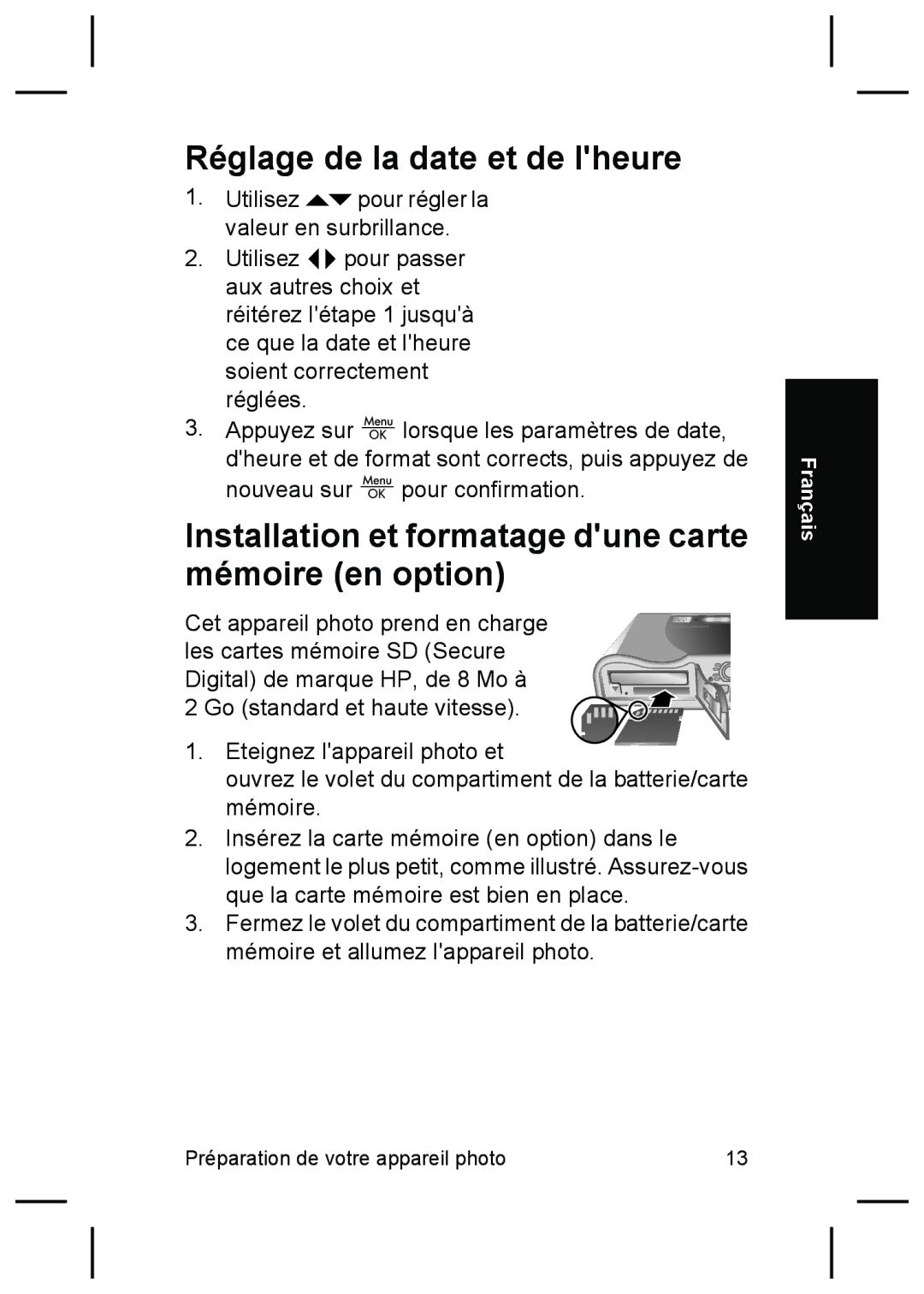 HP R725, R727 manual Réglage de la date et de lheure, Installation et formatage dune carte mémoire en option 