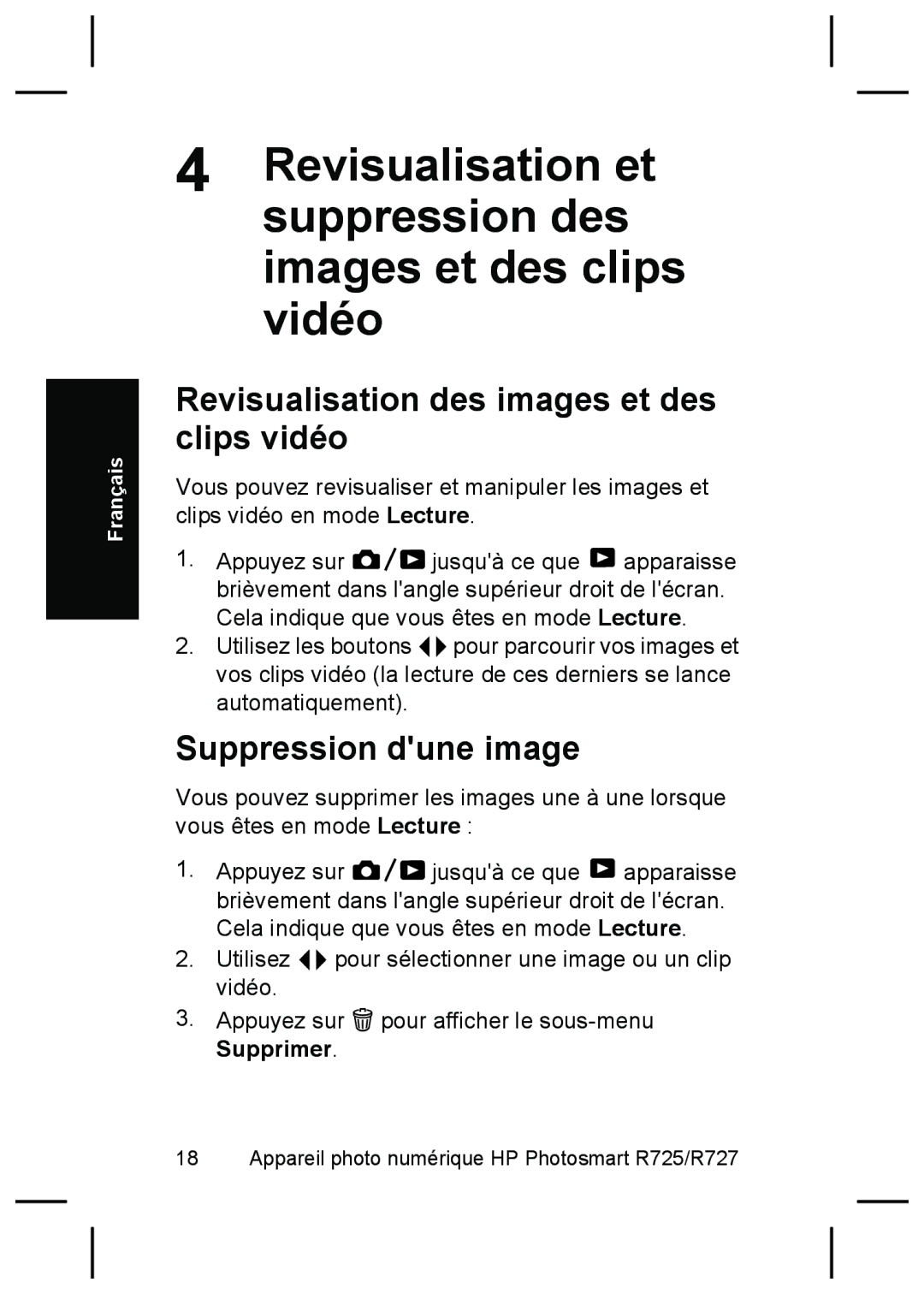 HP R727, R725 manual Revisualisation des images et des clips vidéo, Suppression dune image 