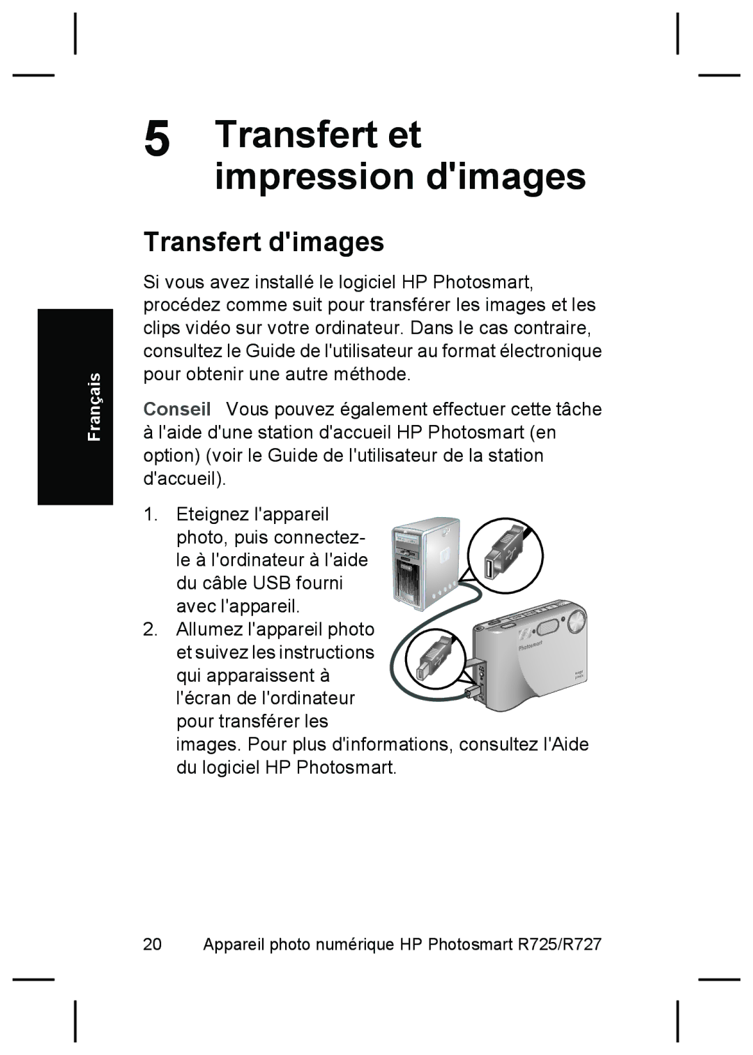 HP R727, R725 manual Transfert et impression dimages, Transfert dimages 