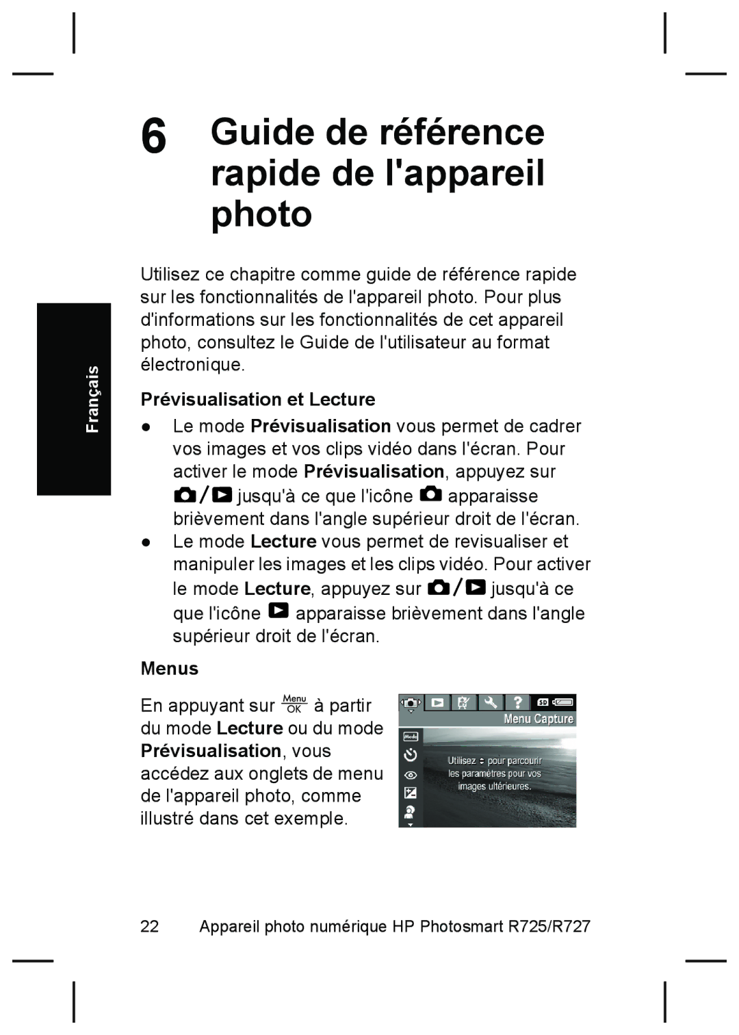 HP R727, R725 manual Guide de référence, Photo, Prévisualisation et Lecture 