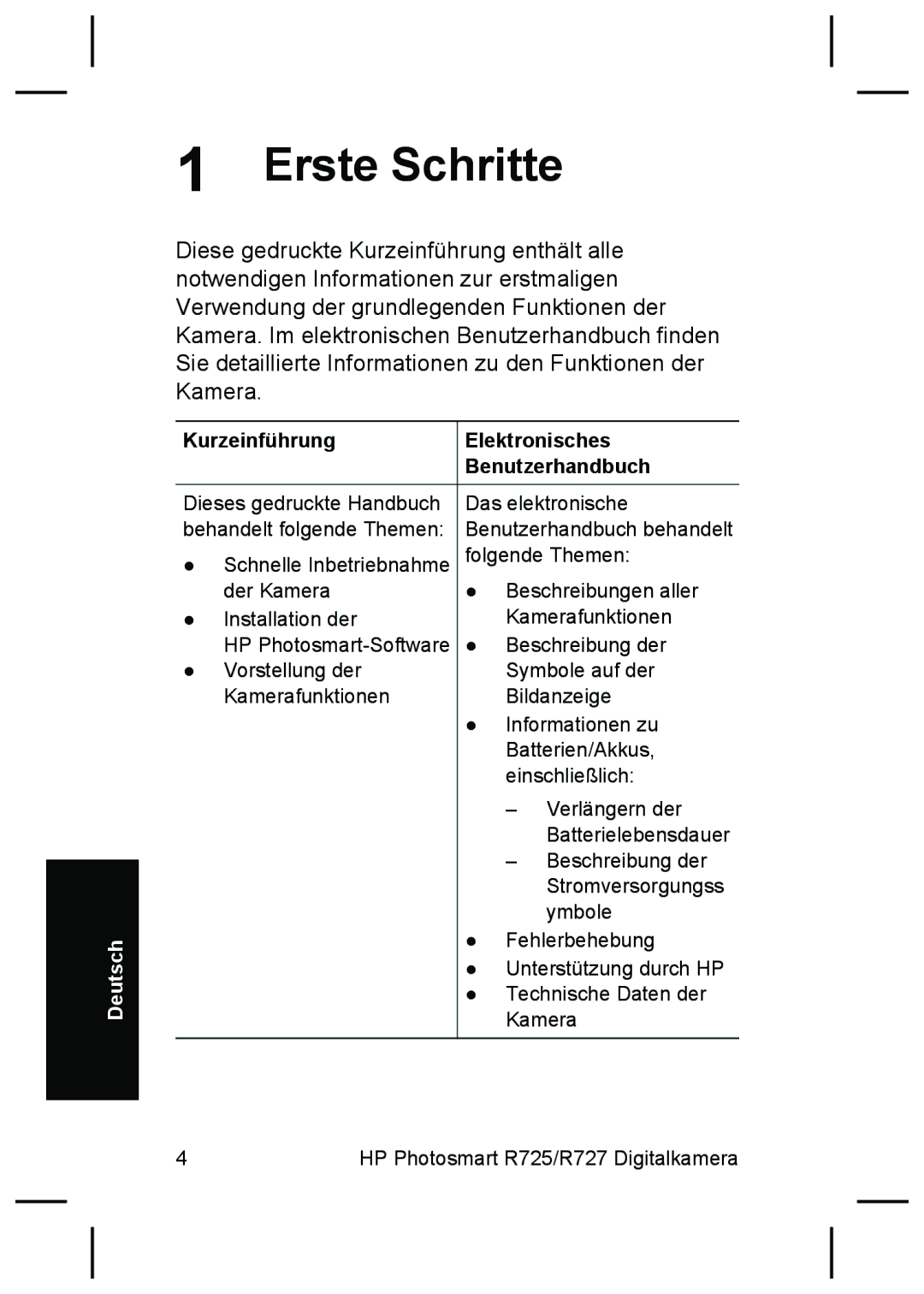 HP R727, R725 manual Erste Schritte, Kurzeinführung Elektronisches Benutzerhandbuch 