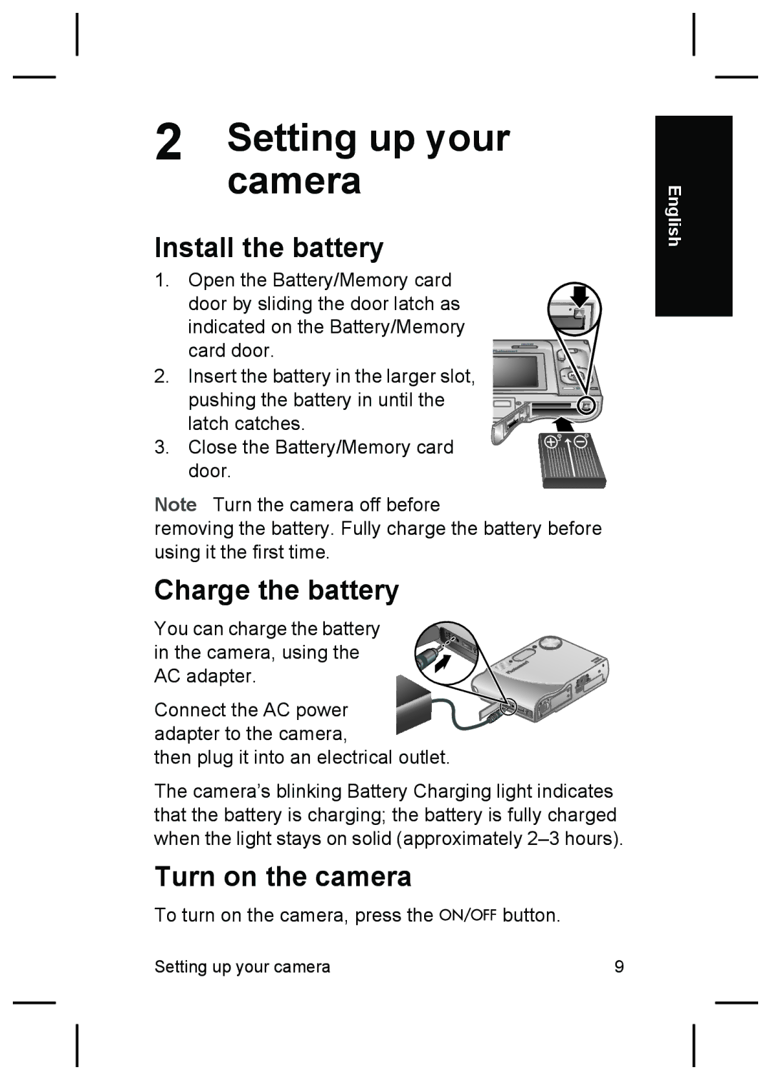 HP R725, R727 manual Camera, Install the battery, Charge the battery, Turn on the camera 