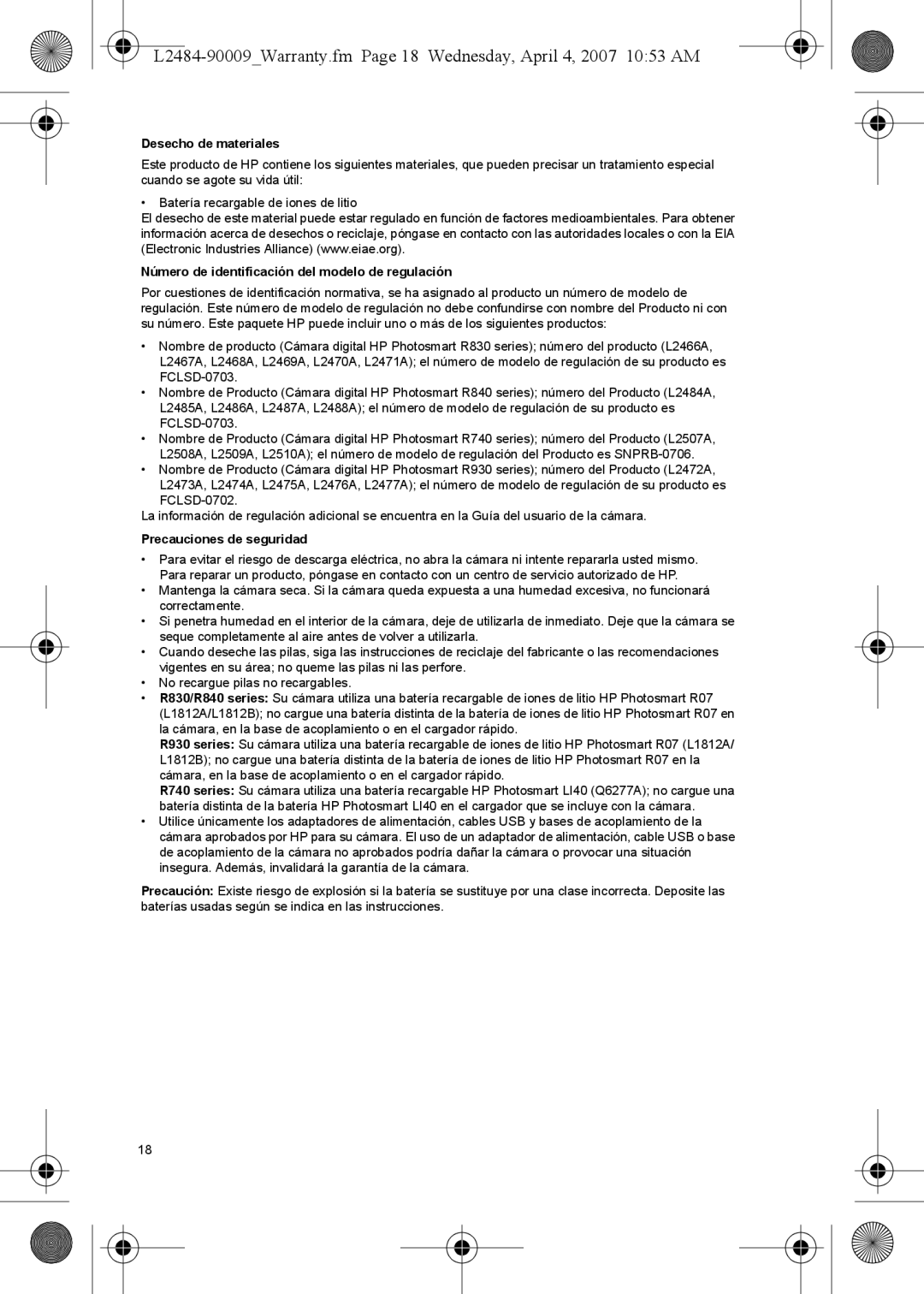 HP R830, R740, R840 Desecho de materiales, Número de identificación del modelo de regulación, Precauciones de seguridad 