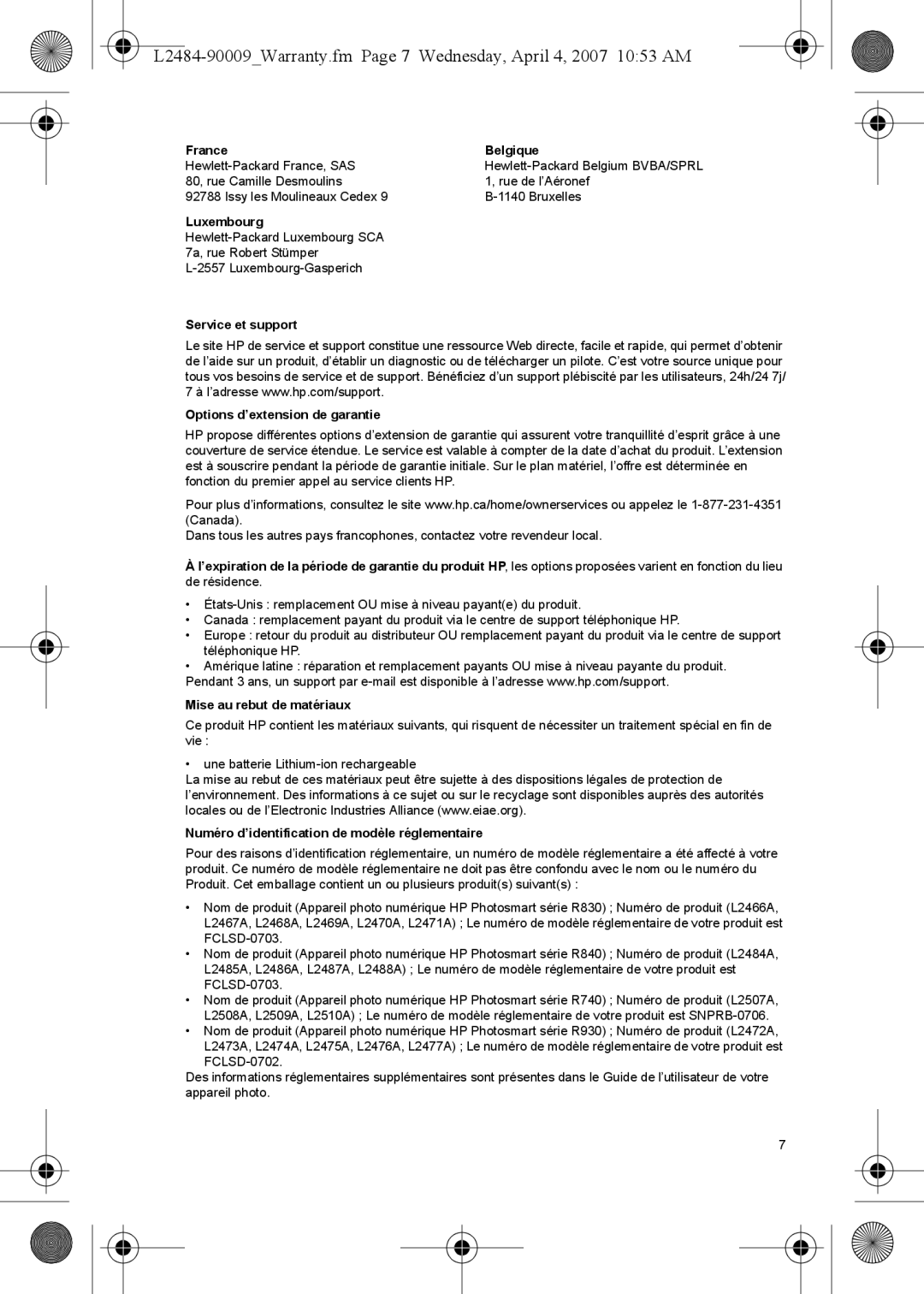 HP R740, R840 France Belgique, Luxembourg, Service et support Options d’extension de garantie, Mise au rebut de matériaux 