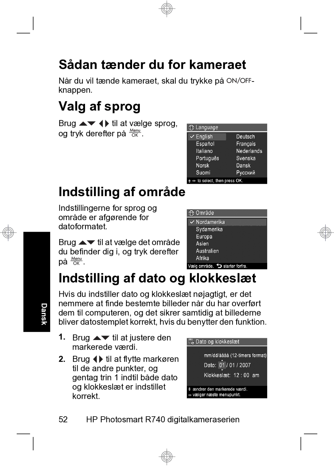 HP R740 manual Sådan tænder du for kameraet, Valg af sprog, Indstilling af område, Indstilling af dato og klokkeslæt 