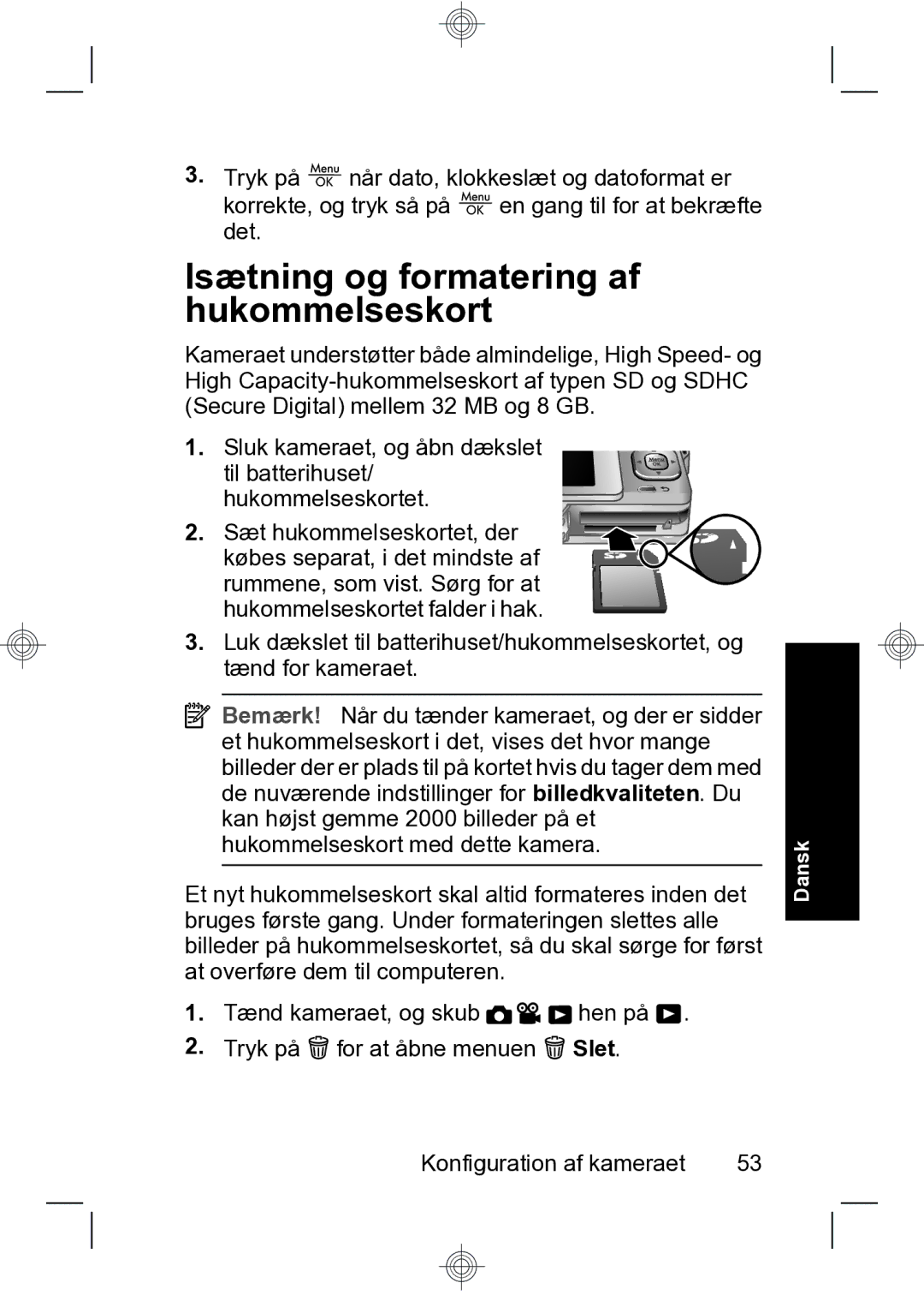 HP R740 manual Isætning og formatering af hukommelseskort 