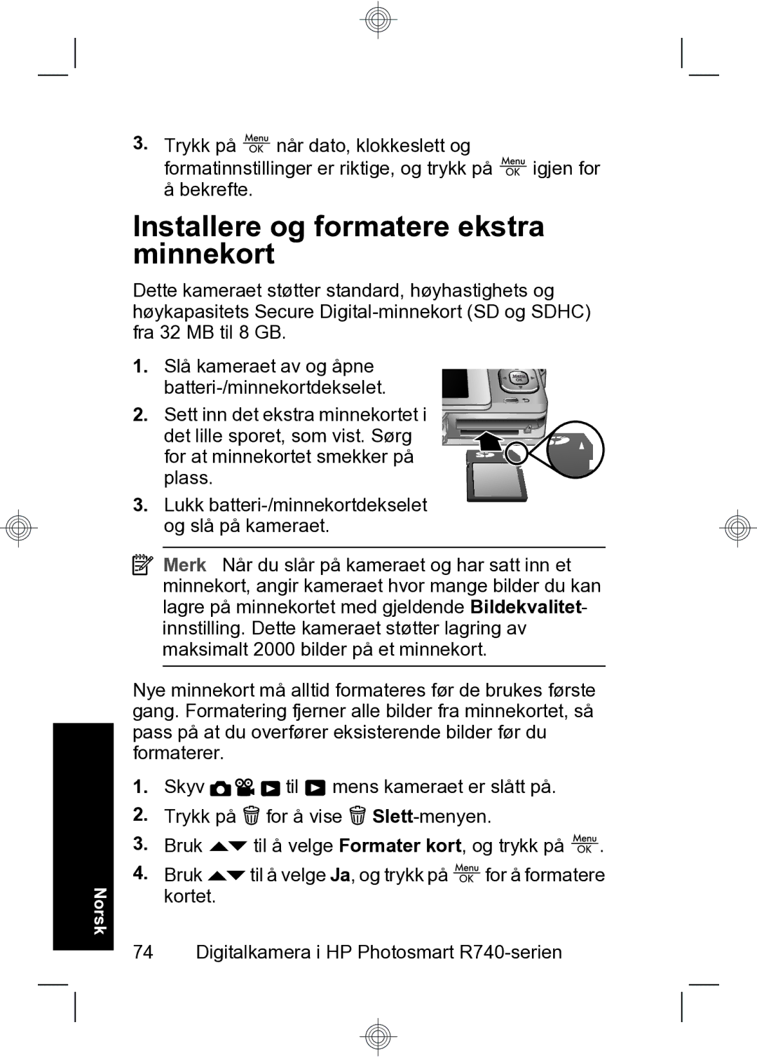 HP R740 manual Installere og formatere ekstra minnekort 